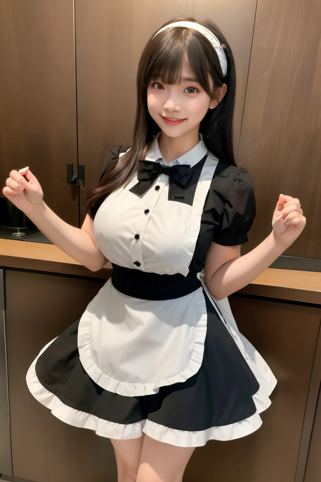 best quality, quality, masterpiece, photorealistic, 1girl, solo, standing, long black hair, straight hair, blunt bangs, looking at viewer, smile, cowboy shot, cyb dress, bow, apron, frills, puffy short sleeves, hair ornament,v,simple background, 