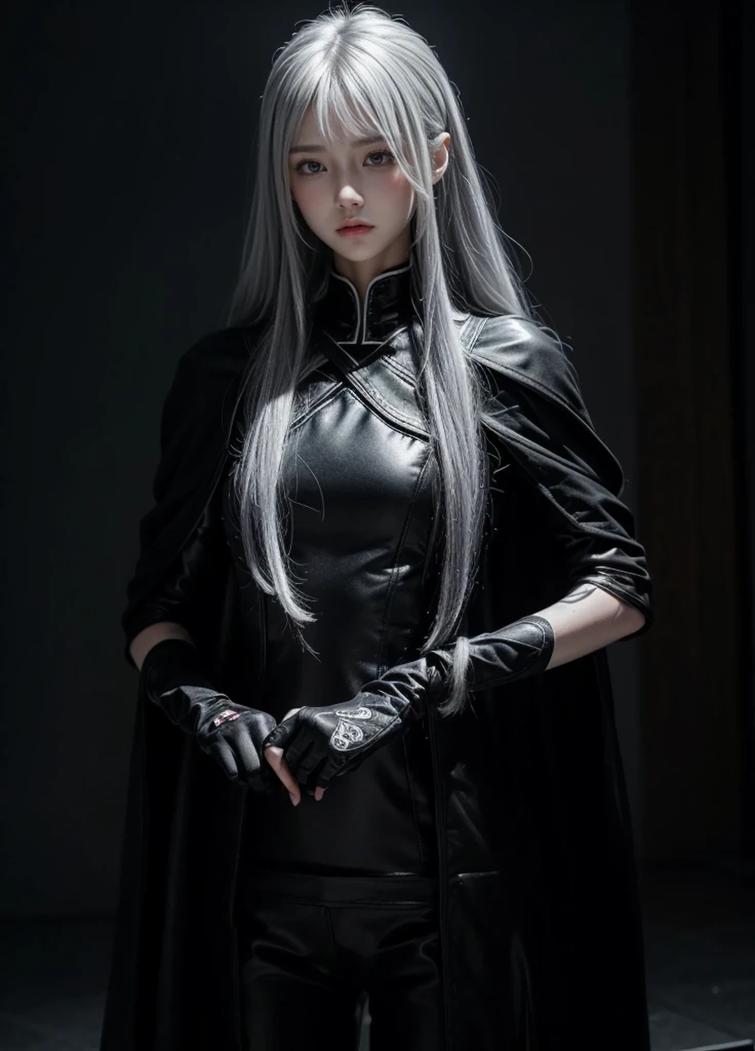 {{Grell}},shiny hair,4 fingers,sharp gaze,{{{{{White eyes}}}}},{{{{{White eyes}}}}},{long hair},{{straight hair}},black gloves,black clothes,black military suit,{military},{{{{{dull bangs}}}}},Hard hair,(slanted eyes},{{whole body},{{{1 girl}}}, {{{{silver hair}}}},{{{Tsurime}}},36 years old,white people,silver eyes,thin,{{{masterpiece}}}, {{{highest quality}}}, {{Super detailed}}, {shape}, {{very delicate and beautiful}},very detailed,Detailed completeness,detailed hyper,military服,{{bangs}},{{Fishing eyes}},black cloak