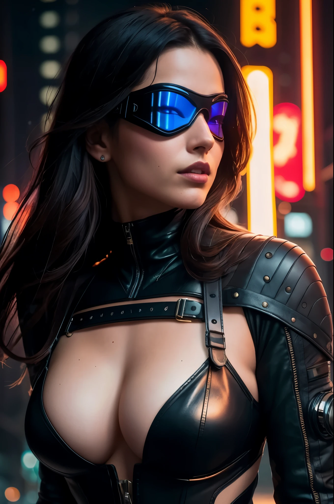 Sexy brunette woman, mask-clad and leather-clad, sets the stage for an alluring cyberpunk scene. With sleek, shoulder-length, glossy brown hair cascading down her back, her expressive eyes pierce through the mask's goggles. The intricate details of her mask and the fine leather texture of her outfit are brought to life through cinematic lighting and dramatic contrast. Captured in high resolution with a Canon EOS R6, 35mm lens, and an f/1.4 aperture, the image radiates seductive allure, immersing viewers in a captivating, hyperrealistic cyberpunk world