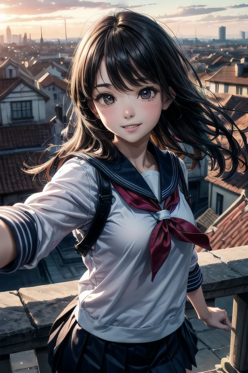 very cute and beautiful girl,,(very detailed美しい顔),
(smile:1.2),Happy,black hair,(sailor suit,navy blue pleated mini skirt),dynamic pose,Skirt fluttered in the wind,looking at the viewer,
many european houses with red roofs,(Town overview:1.2),
(highest quality,masterpiece:1.2),disorganized,High resolution,super detailed,very detailed,32K,8K resolution,
intricate details,movie-like scene,detailed background,alone,dynamic angle,
alone,hair blowing in the wind,beautiful and detailed sky,