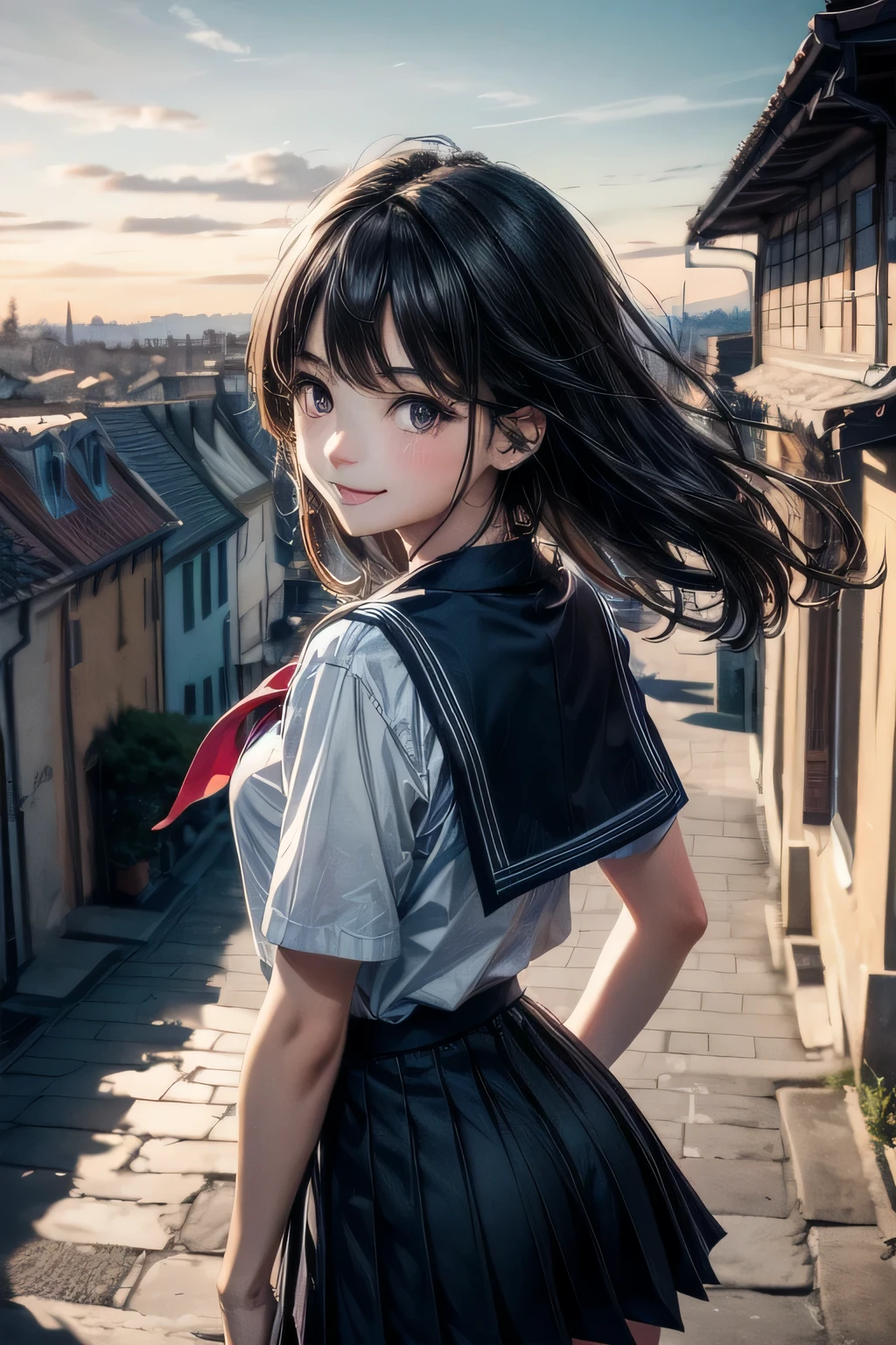 very cute and beautiful girl,teen,(very detailed美しい顔),
(smile:1.2),Happy,black hair,(sailor suit,navy blue pleated mini skirt),dynamic pose,Skirt fluttered in the wind,looking at the viewer,
many european houses with red roofs,(Town overview:1.2),
(highest quality,masterpiece:1.2),disorganized,High resolution,super detailed,very detailed,32K,8K resolution,
intricate details,movie-like scene,detailed background,alone,dynamic angle,
alone,hair blowing in the wind,beautiful and detailed sky,