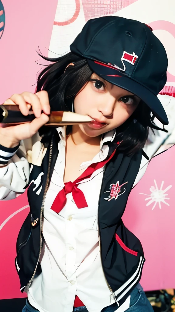 a close up of a person with a baseball cap and a jacket, attractive matoi ryuko, ryuko matoi, akane owari danganronpa, otaku gangasta, gapmoe yandere, yandere, yandere. tall, kill la kill, kill la kill illustration, junko enoshima from danganronpa, kantai collection style