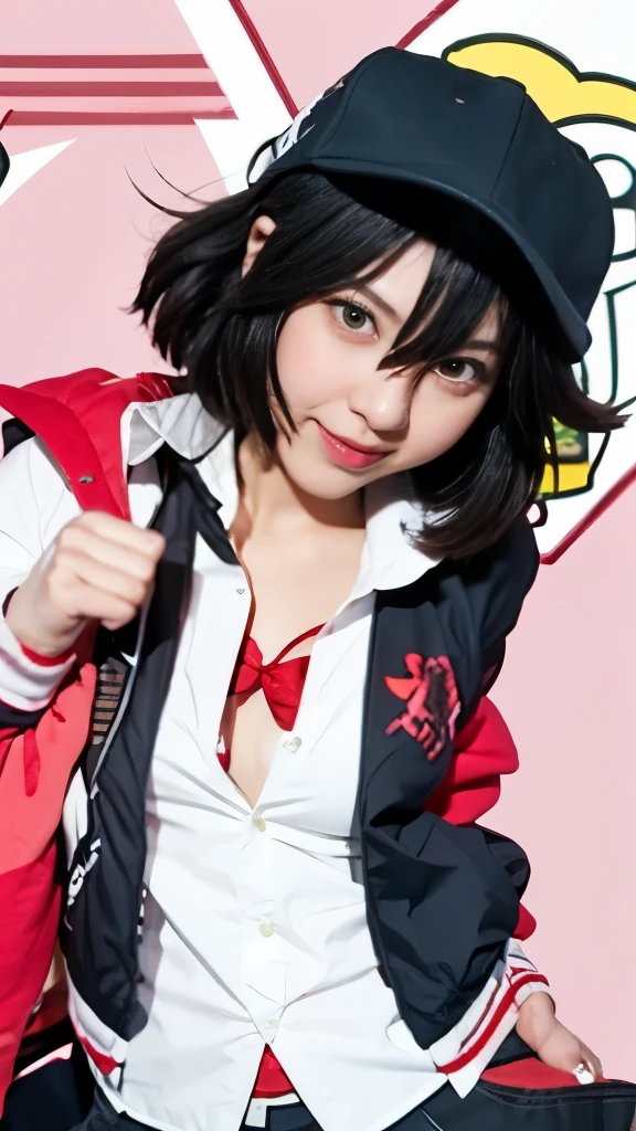 a close up of a person with a baseball cap and a jacket, attractive matoi ryuko, ryuko matoi, akane owari danganronpa, otaku gangasta, gapmoe yandere, yandere, yandere. tall, kill la kill, kill la kill illustration, junko enoshima from danganronpa, kantai collection style