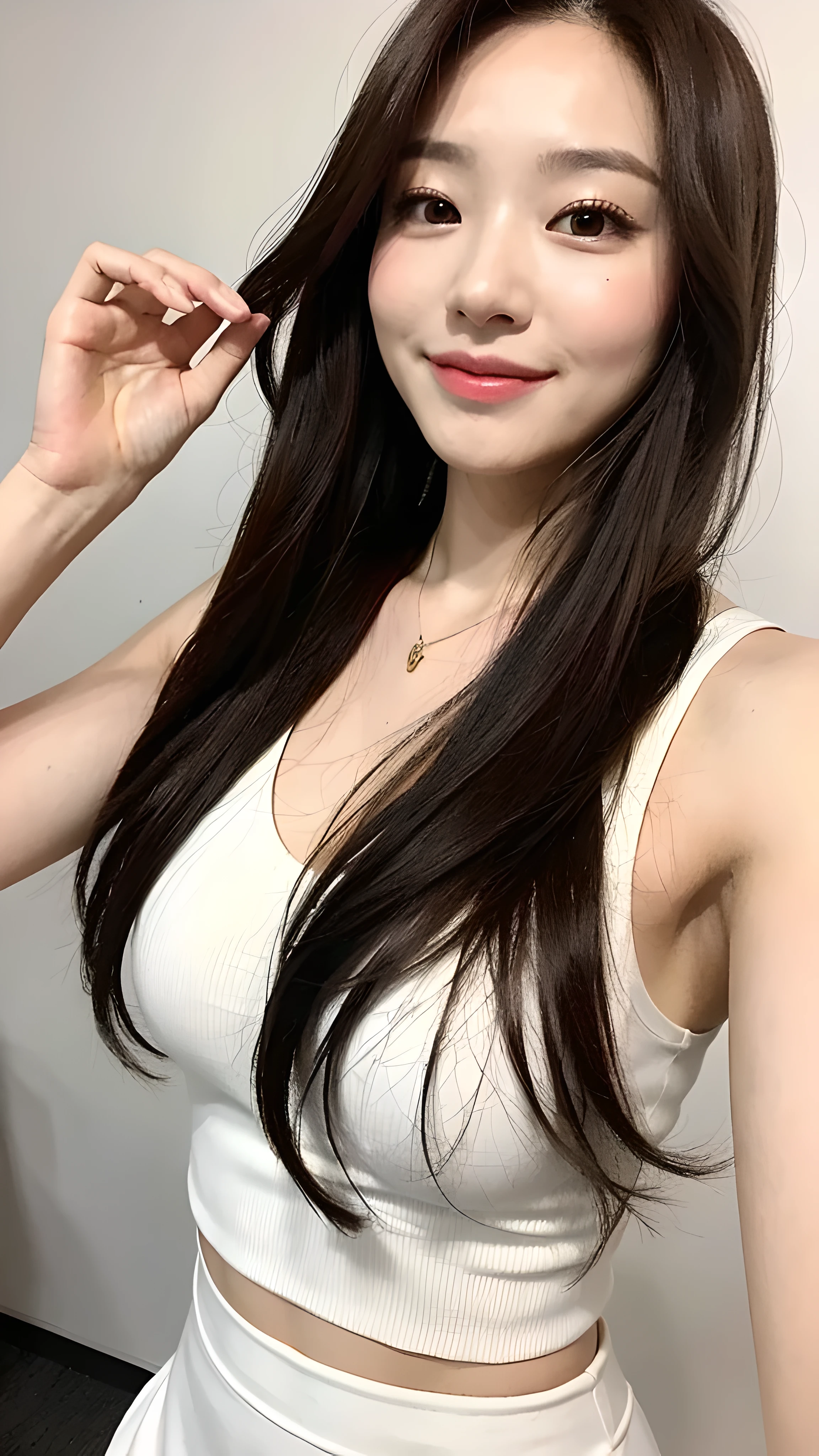 korean woman, brown hair, sexy woman, K-POPアイドル, smile, single woman, white tank top, black jacket, white mini skirt, long hair