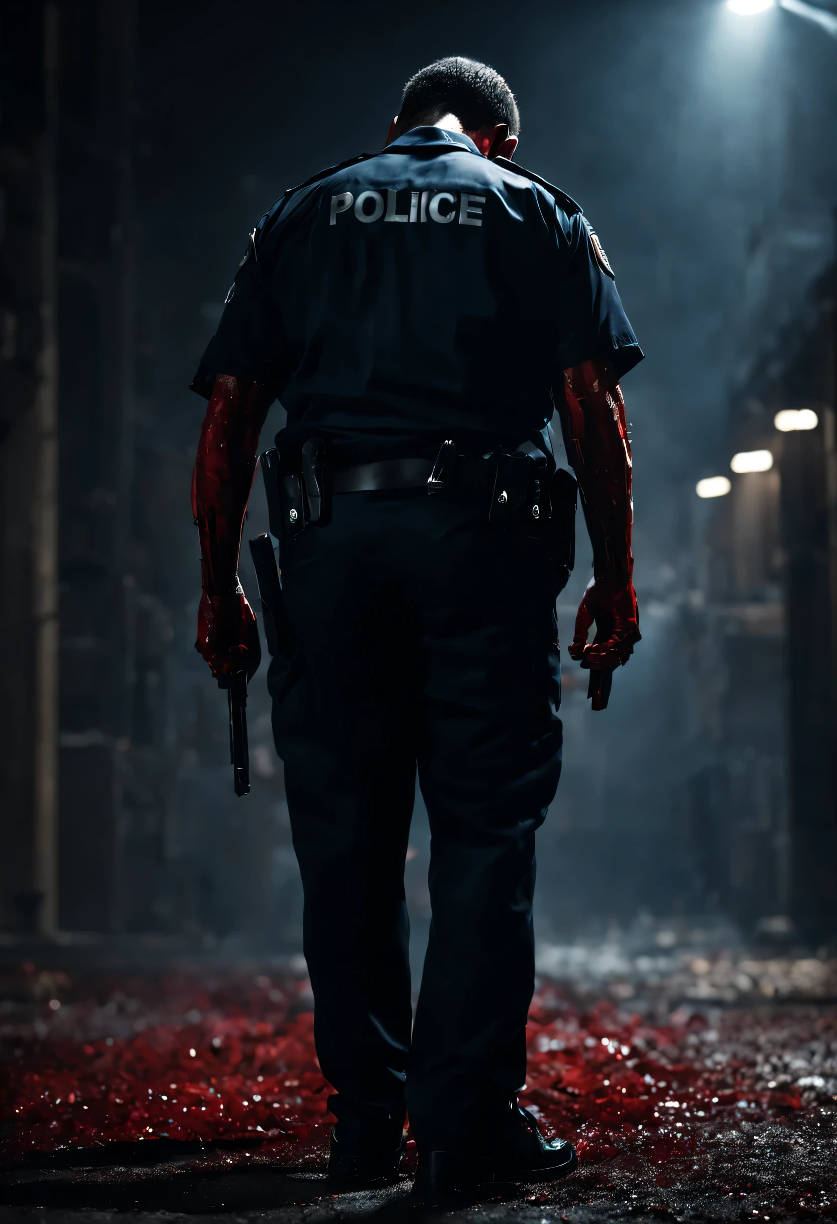 A powerful portrait of a Nu Metal band leader striking a dynamic pose, perfect for a rock poster. The band leader is wearing a full-face white mask with no openings, completely smooth and featureless except for a large red 'X' with black flame-like edges that cuts across the entire mask from top to bottom. The mask completely obscures the eyes and any facial features. He is dressed in a blue dress shirt with red stains, paired with worn jeans that have multiple rips. In the background, there is a blurred image of a band, making it impossible to identify any members, but adding to the intense and rebellious vibe typical of Nu Metal aesthetics.