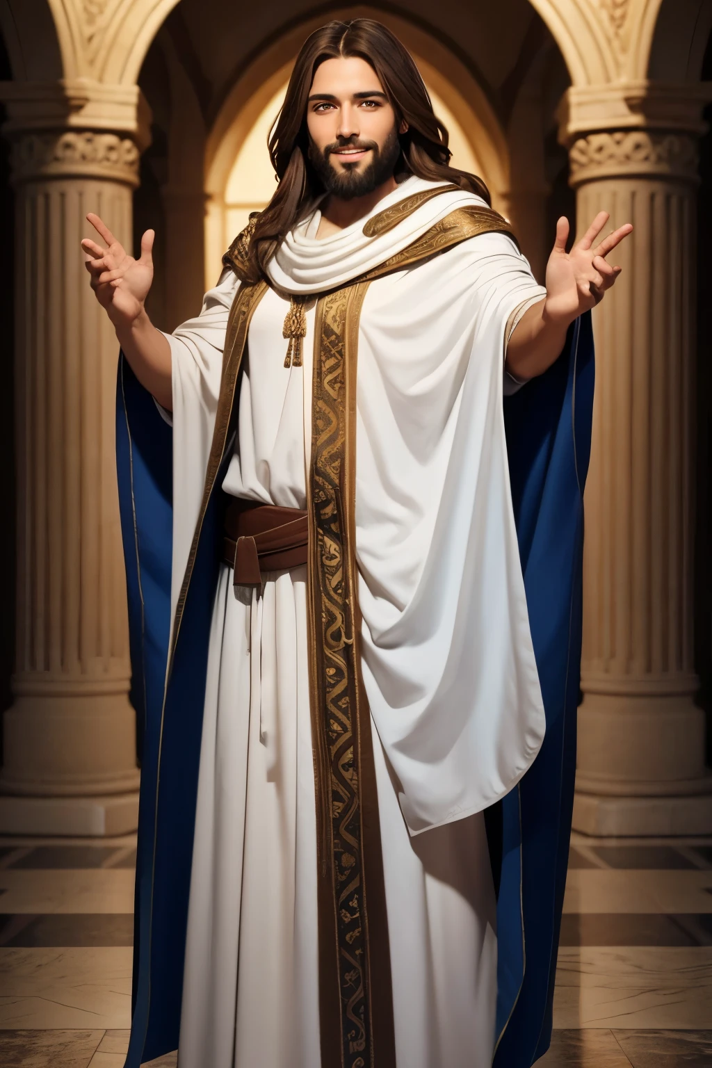 images of Jesus Christ, male, open arms, smiling, Hellenism ancient cloak, standing face seeing the camera, brown hair, beard handsome