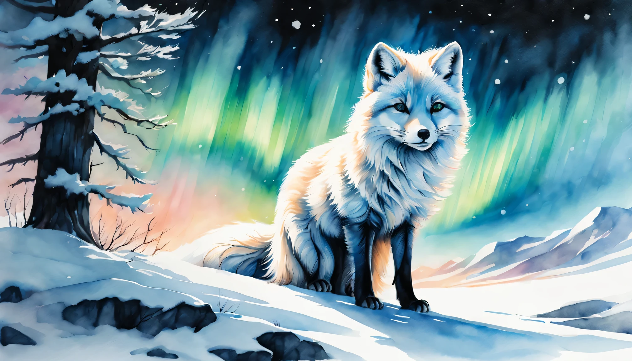 best quality, high resolution, Super detailed, actual, portrait, Ink painting and watercolor painting,(aurora),arctic fox,snow covered landscape,Silhouette trees,ice blue highlights,Detailed beard,delicate claws,cute pose,Dark ink on white paper,Detailed fur texture using Danqing technique, expressive brushstrokes, flowing watercolor effect, bright colors, soft light.