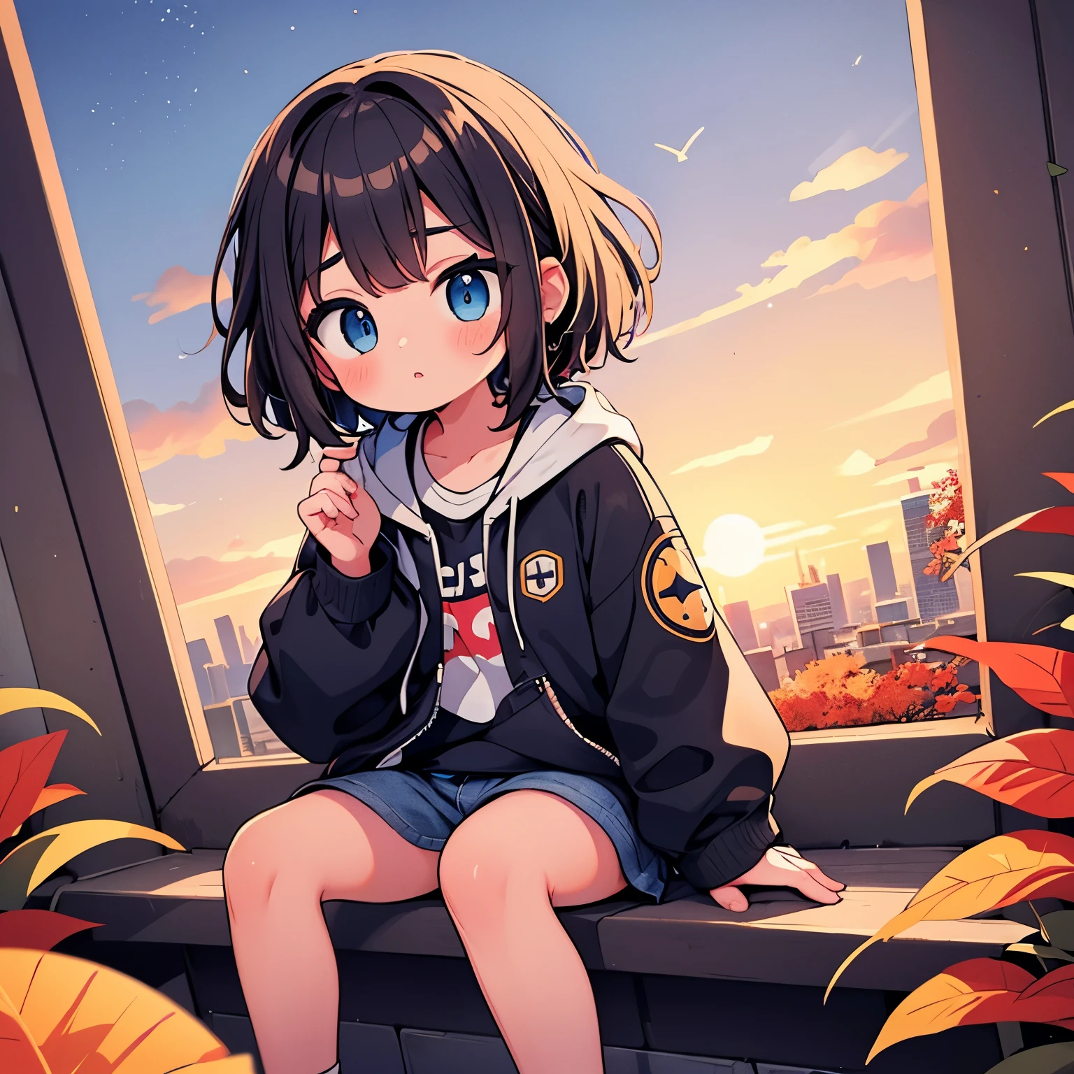 a girl sitting on a hill watches the sunset over the city. autumn, fall colors, trees leaves, sky with stars, sky colors prussian blue cobalt blue purple cyan.