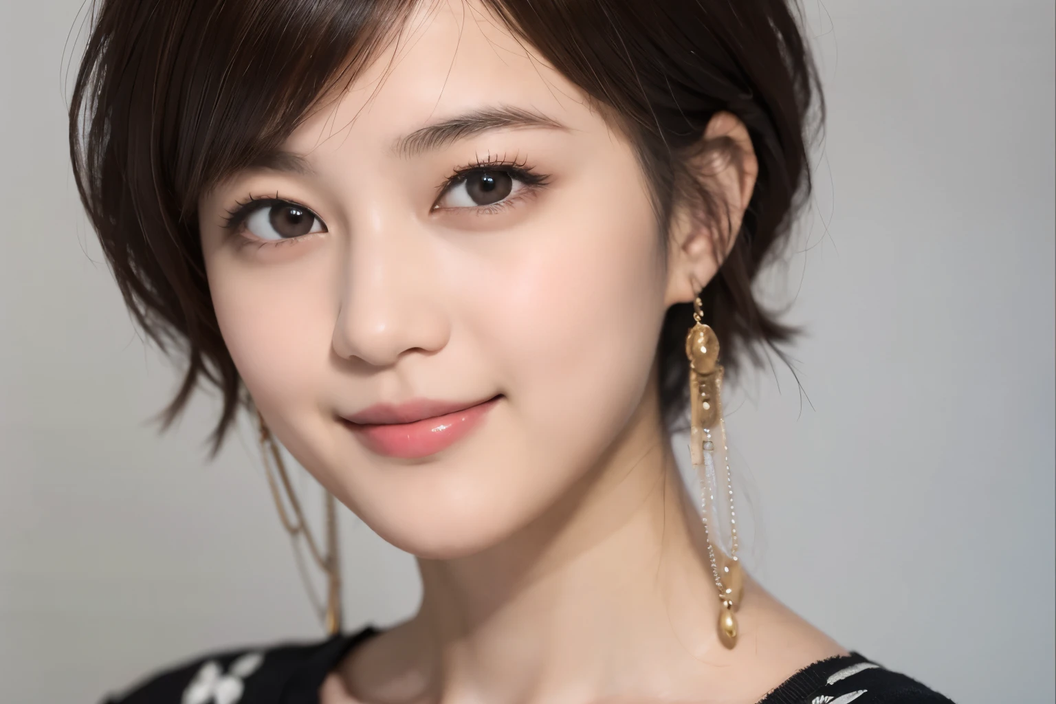 A close up of a woman with a black and white top and earrings - SeaArt AI