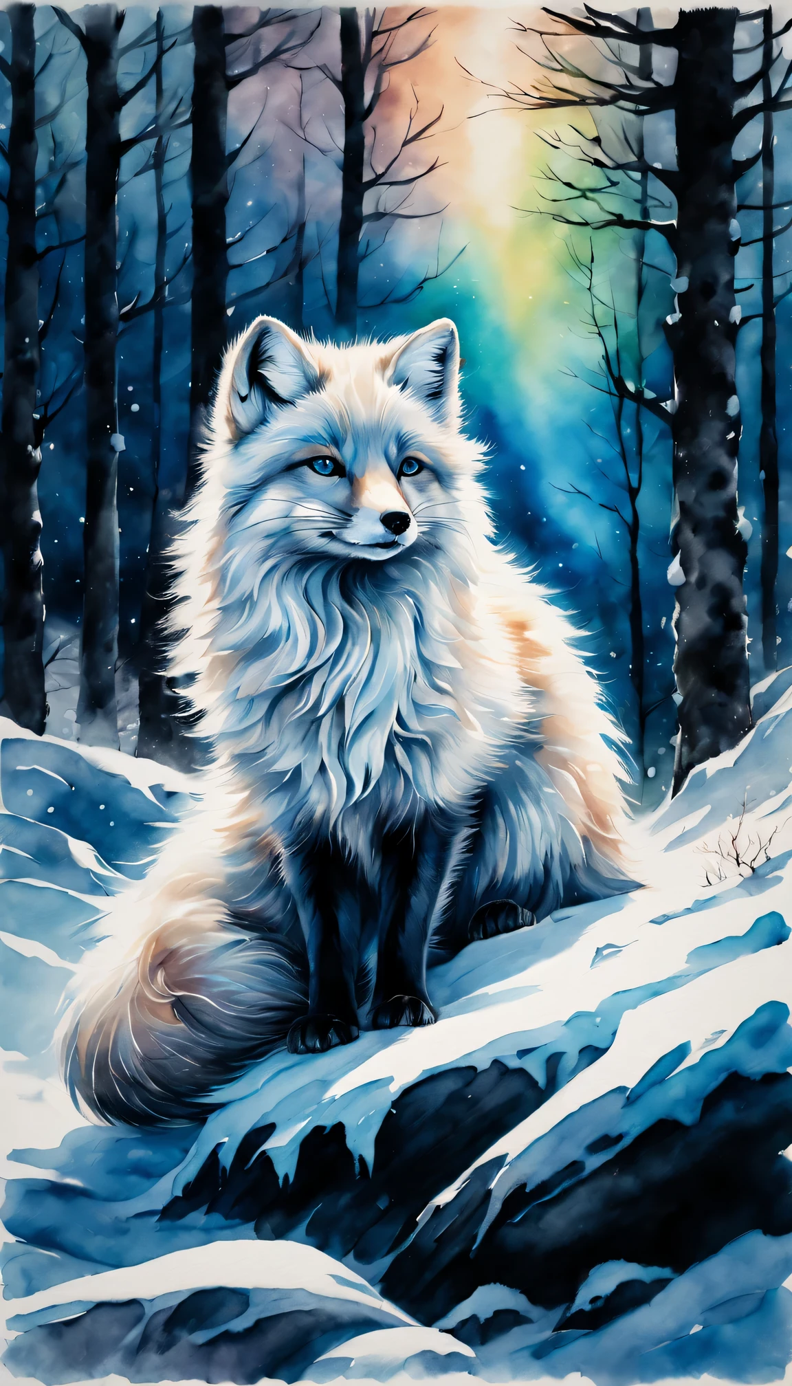 best quality, high resolution, Super detailed, actual, portrait, Ink painting and watercolor painting,(aurora),arctic fox,snow covered landscape,Silhouette trees,ice blue highlights,Detailed beard,delicate claws,cute pose,Dark ink on white paper,Detailed fur texture using Danqing technique, expressive brushstrokes, flowing watercolor effect, bright colors, soft light.