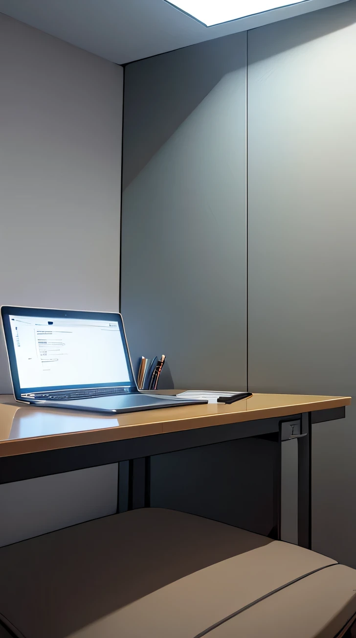 A imagem retrata uma cena minimalista e moderna de um ambiente de estudo. Em primeiro plano, there is an elegant and immaculate glass table, reflecting soft light from an adjustable light fixture suspended just above. Sobre a mesa, is an open laptop with a bright screen displaying complex graphs and data, indicating an intensive study session. Ao lado do laptop, there is a notebook with detailed sketches and mathematical formulas handwritten with black pen, showing an analytical and focused process. A pair of headphones hangs neatly on the desk stand, suggesting an environment conducive to auditory focus and concentration. No fundo, Uma limpeza, Unadorned white wall provides a feeling of calm and neutrality, permitindo que a mente se concentre completamente no trabalho intelectual. The environment is free from distractions, creating the ideal setting for in-depth study and the development of new knowledge.