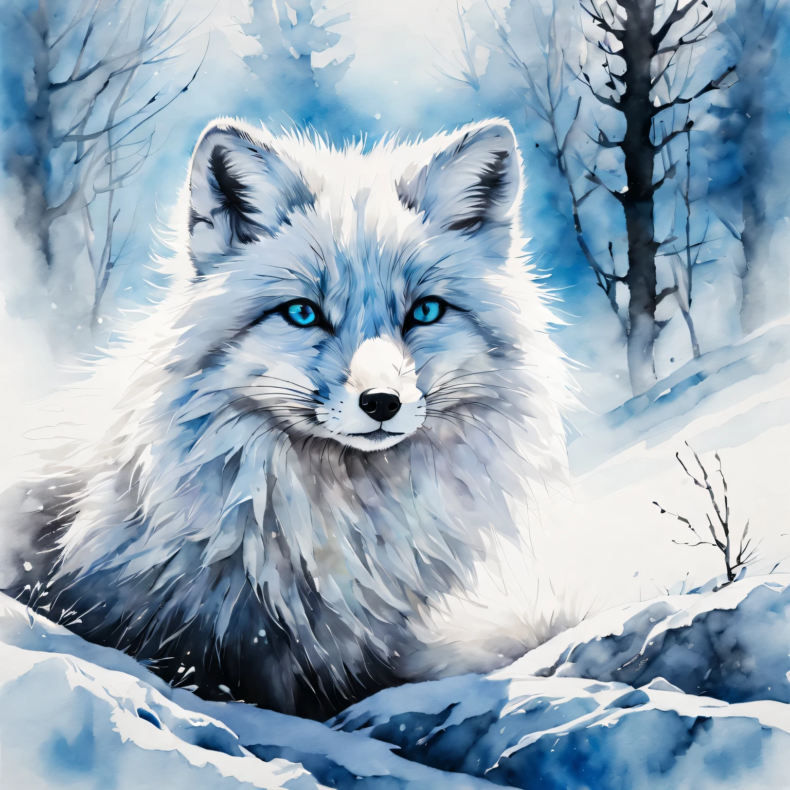 best quality, high resolution, Super detailed, actual, portrait, Ink painting and watercolor painting, arctic fox,snow covered landscape,Silhouette trees,ice blue highlights,Detailed beard,delicate claws,cute pose,Dark ink on white paper,Detailed fur texture using Danqing technique, expressive brushstrokes, flowing watercolor effect, bright colors, soft light.