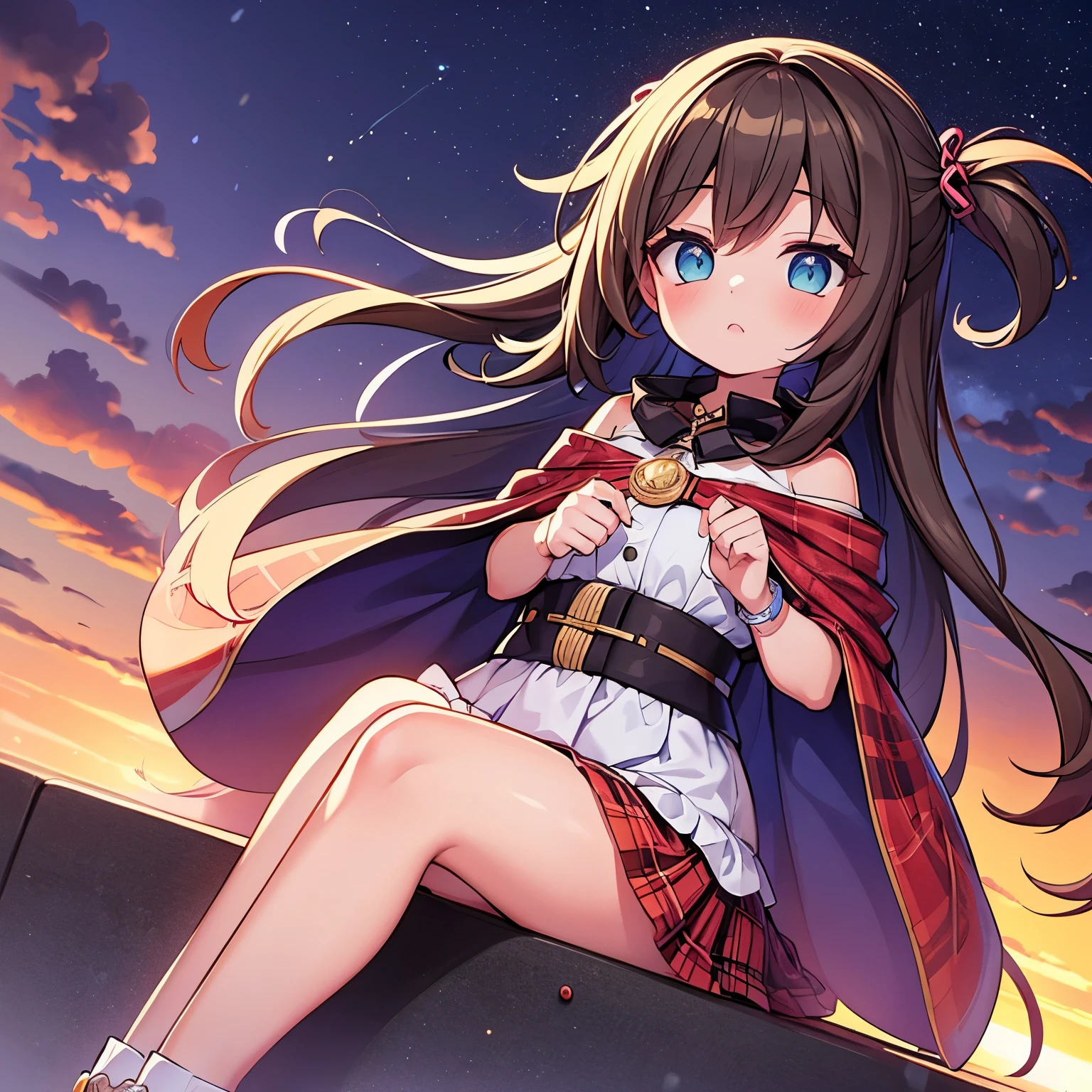 a girl sitting on a hill watches the sunset over the city. autumn, fall colors, trees leaves, sky with stars, sky colors prussian blue cobalt blue purple cyan.