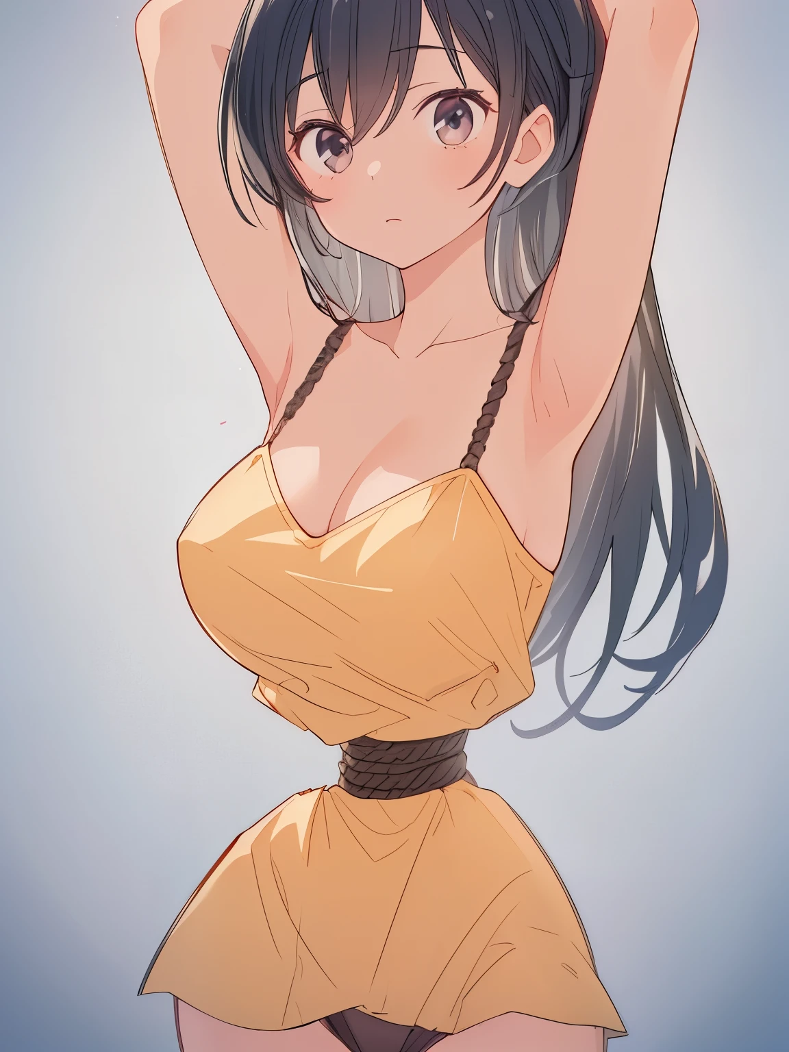 ((masterpiece)), ((best quality)), (ultra-detailed), torture room,(((rope strongly bound waist))),a cute girl, 1girl, solo,camisole,beautiful black hair, (beautiful black eyes), long hair, expression of agony