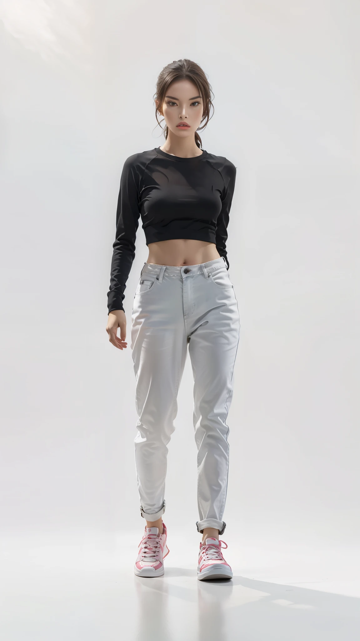 16K, Masterpiece, photorealism, A girl walks to her full height, a girl with dark long hair, a girl dressed in a white top, light jeans, white sneakers, white background,