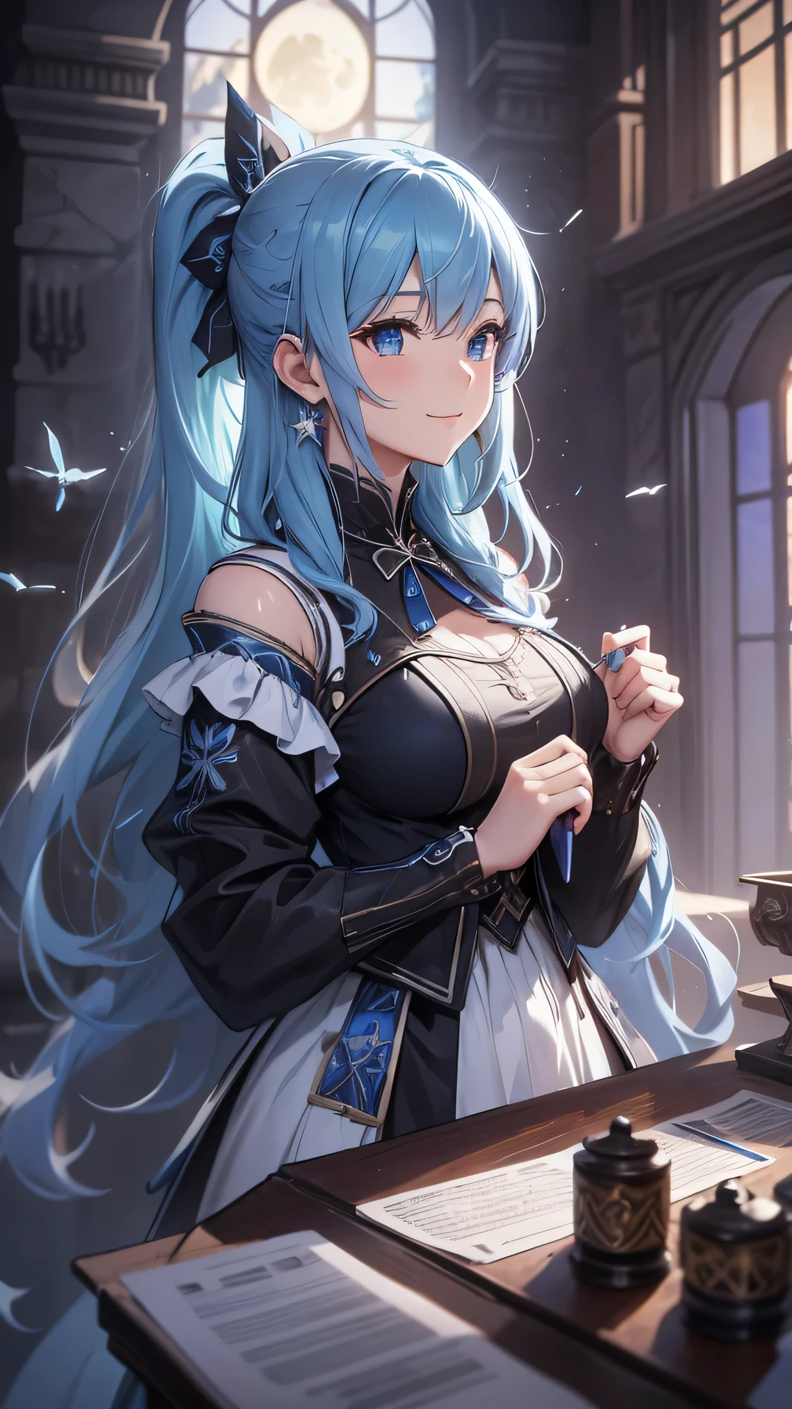 最high quality、best image quality、masterpiece、girl((20-year-old、 By becoming、vest bust、medium bust,wide open breast tea、shining eyes, light blue hair、long hair、thin,highest valley、ponytail、action of looking up、full body bandage、black dress、long skirt、smile、use magic,leaning forward)),high quality、beautiful art、background((Gorgeous castle、beautiful atmosphere、full moon))、Flight、debris flies、Depth of written boundary、movie、visual art、perfect art、8k,genuine、