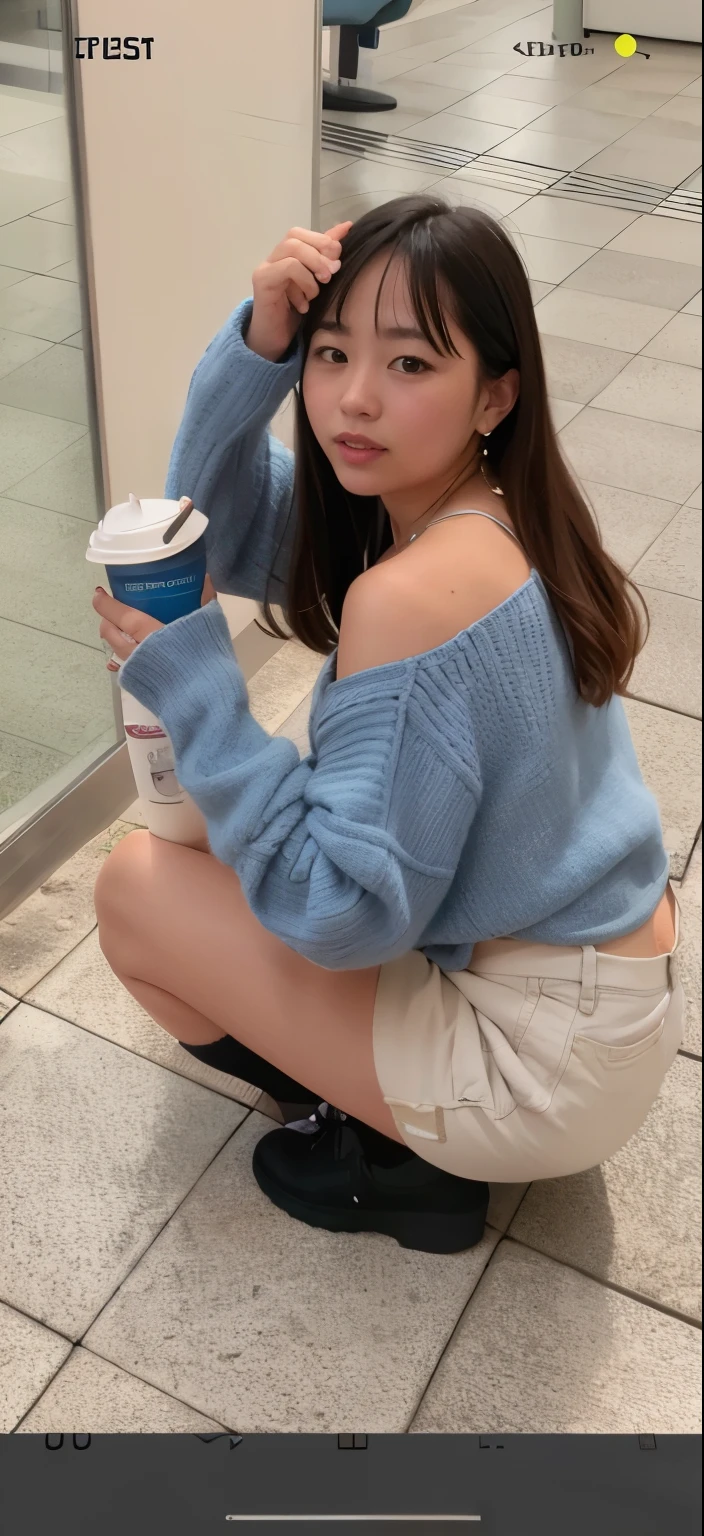 Arafi girl sitting on the ground drinking coffee, blue sweater, Trending on cgstation, wear cute tops, thick, blue clothes, Blue gray, blue soft details, 19 year old girl, wearing casual clothes, Dilraba Dilmurat, wearing a casual sweater, Choi Hong Hwa, Ulzzang, casual clothes