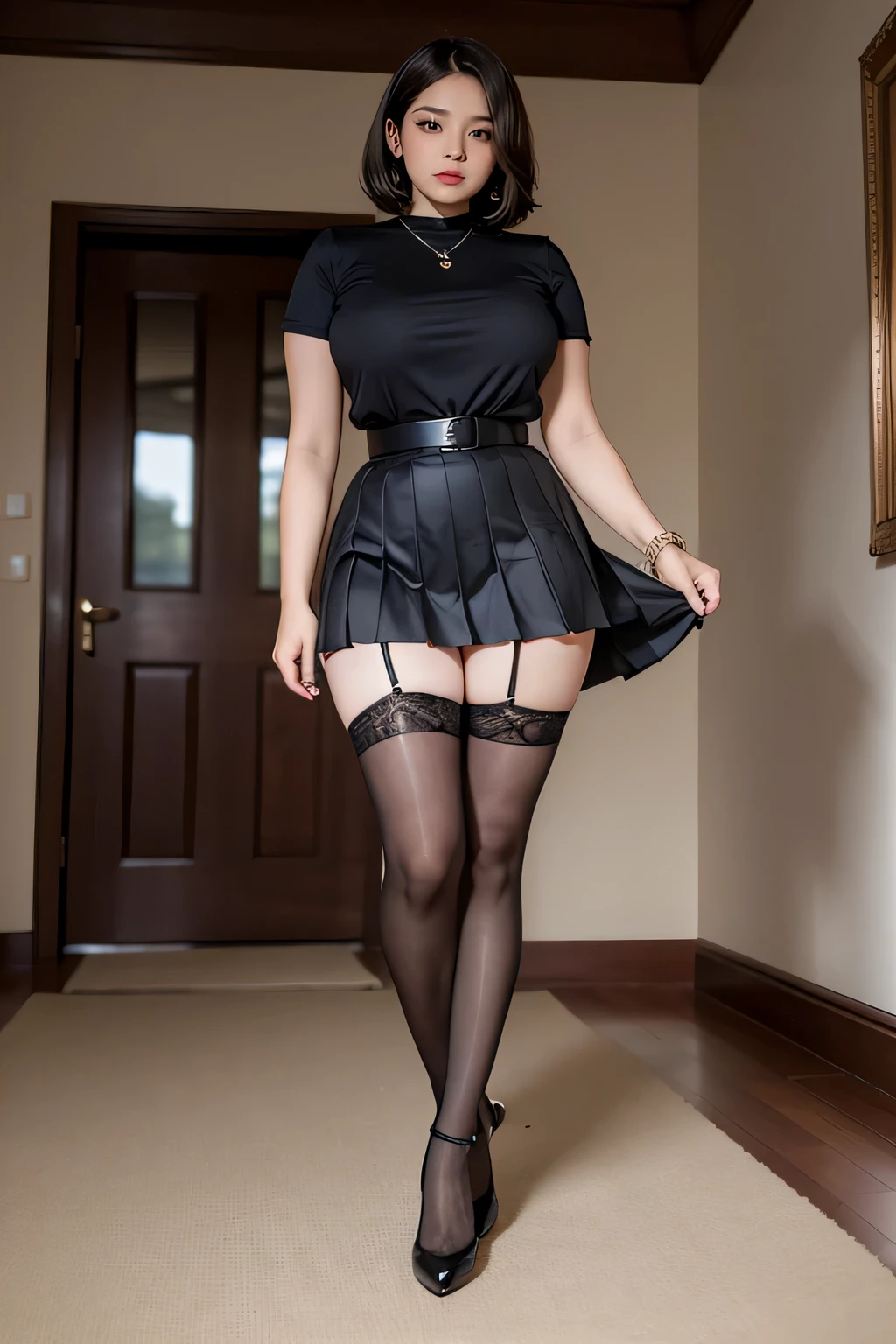 Please enjoy the masterpiece of an office lady around 40 years old., The well-proportioned style exudes an aura of elegance and elegance., Chubby but fit body. Tight pleated skirt sways seductively、Adopt a confident and calm posture。, Her high heels add an inch to her height、lengthen her graceful strides. Her bob hair is beautifully styled, with a few loose strands framing her face, Give off a vintage charm. she wears garter stockings and anklets, Complete appearance.
The high resolution of this masterpiece、Every detail is clearly displayed。