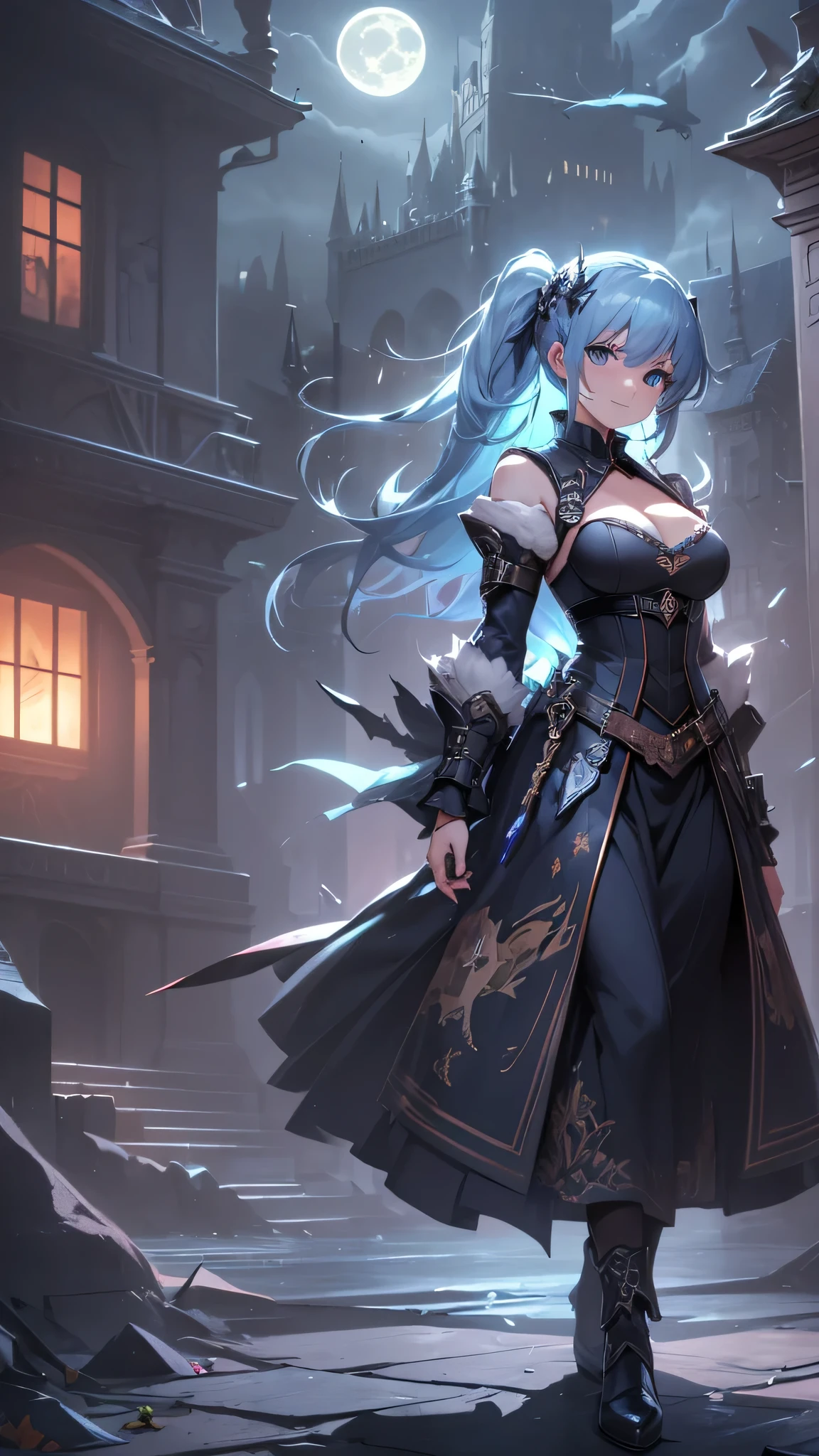 最high quality、best image quality、masterpiece、girl((20-year-old、 By becoming、vest bust、medium bust,wide open breast tea、shining eyes, light blue hair、long hair、thin,highest valley、ponytail、action of looking up、full body bandage、black dress、long skirt、smile、use magic,leaning forward)),high quality、beautiful art、background((Gorgeous castle、beautiful atmosphere、full moon))、Flight、debris flies、Depth of written boundary、movie、visual art、perfect art、8k,genuine、
