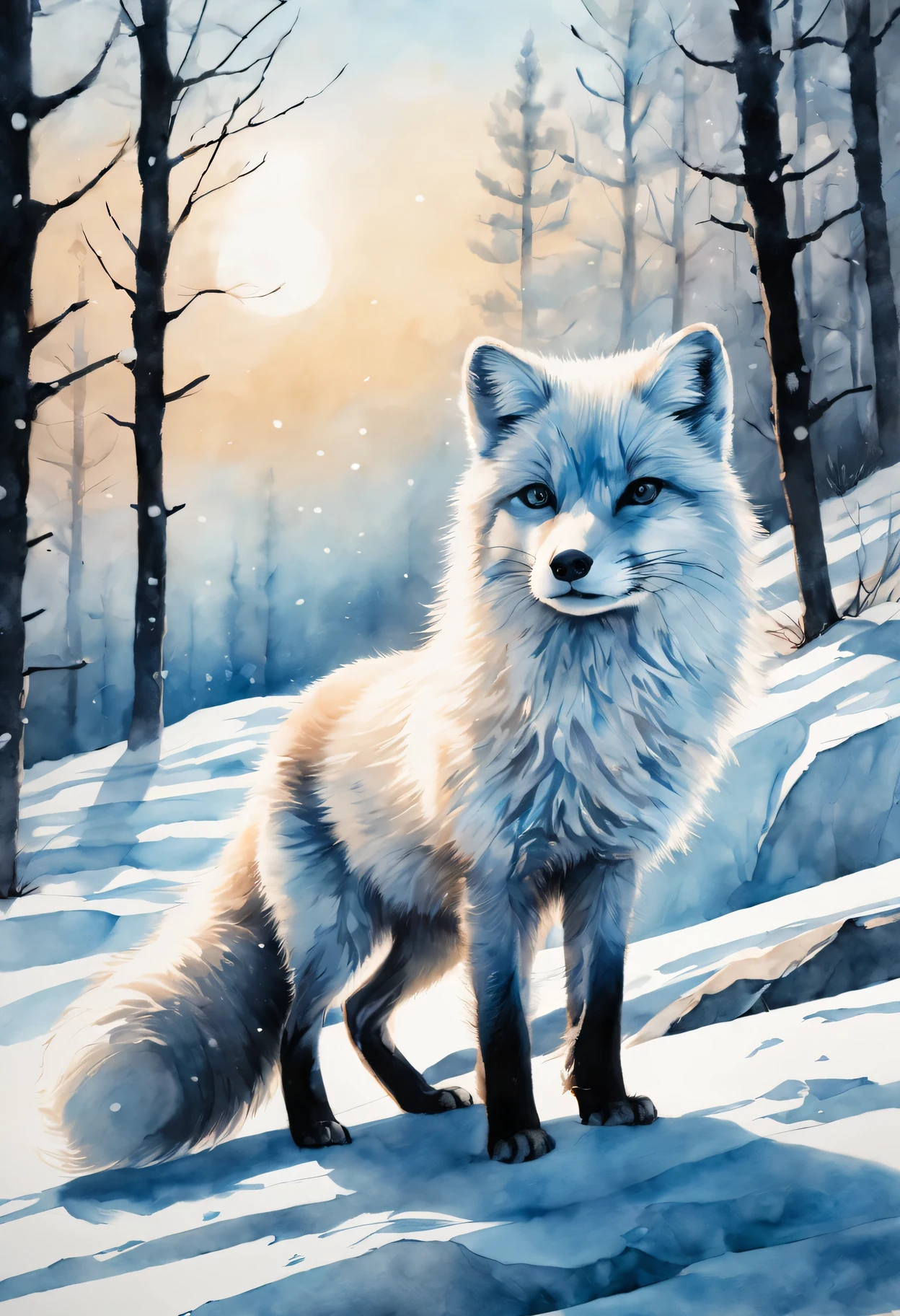 best quality, high resolution, Super detailed, actual, portrait, Ink painting and watercolor painting, arctic fox,snow covered landscape,Silhouette trees,ice blue highlights,Detailed beard,delicate claws,cute pose,Dark ink on white paper,Detailed fur texture using Danqing technique, expressive brushstrokes, flowing watercolor effect, bright colors, soft light.