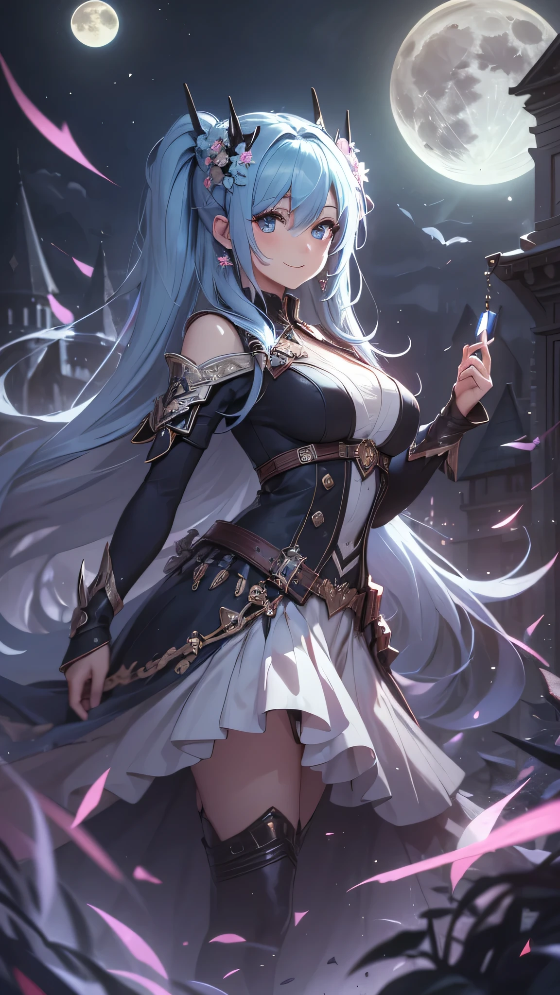 最high quality、best image quality、masterpiece、girl((20-year-old、 By becoming、vest bust、medium bust,wide open breast tea、shining eyes, light blue hair、long hair、thin,highest valley、ponytail、action of looking up、full body bandage、black dress、long skirt、smile、use magic,leaning forward)),high quality、beautiful art、background((Gorgeous castle、beautiful atmosphere、full moon))、Flight、debris flies、Depth of written boundary、movie、visual art、perfect art、8k,genuine、