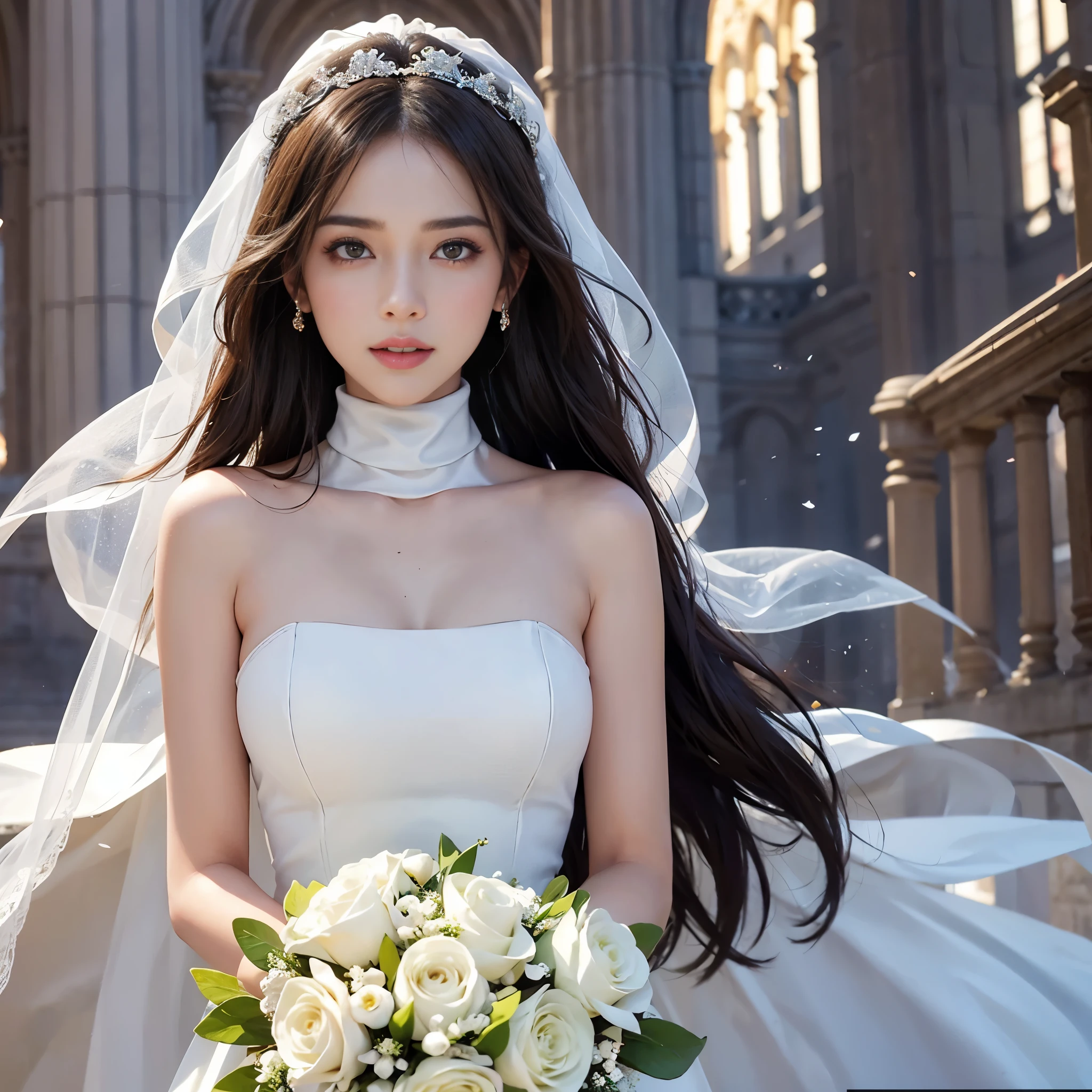 only 1 girl, huge laugh, sweet, Very pretty, nice face, detailed eyes, shiny lips, medium chest, sun glare, Conservative attire, turtleneck wedding dress, white gloves, bridal veil, bouquet, depth of field, blurred background, Cathedral Background, light particles, strong wind, head tilt, long hair