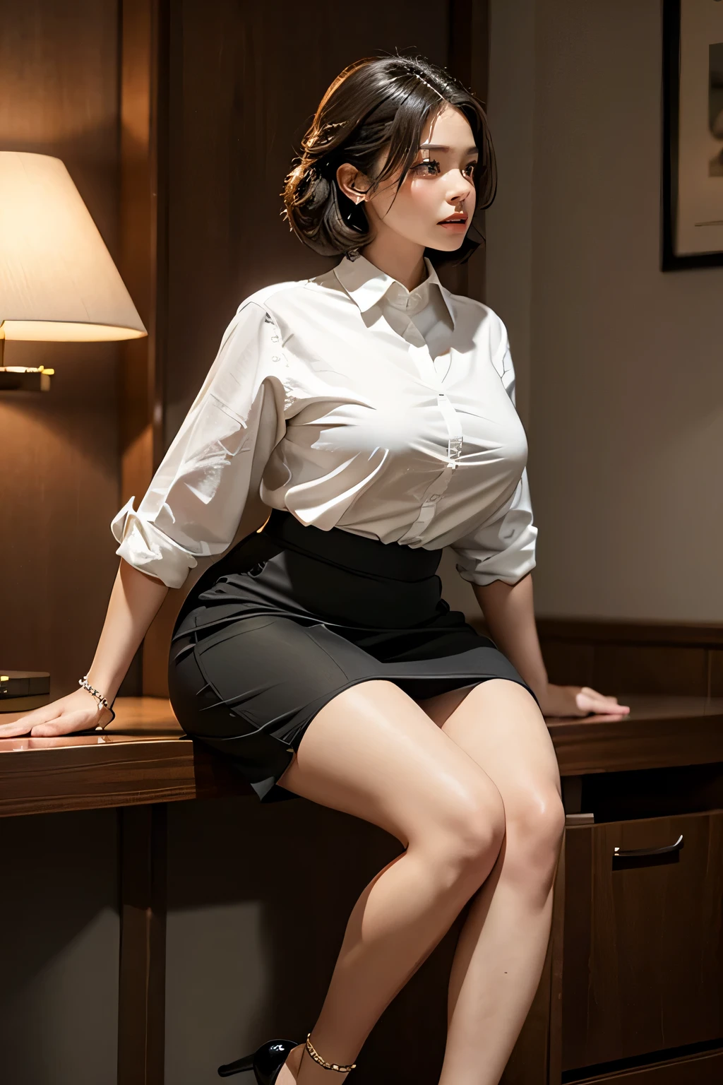 The elegant office lady looks mesmerizing., Approximately 50 years old, Her well-balanced and sophisticated charm、, Sensual yet athletic body shape. when she is confident and poised、The sway of a fitted pencil skirt with folds of pleats beckons seductively。, her high heels add an inch to her height、lengthen her graceful gait. Her bob hair is carefully arranged, Some loose hair flows gracefully around her face, Creates a retro atmosphere. She sports a garter and an anklet underneath., interrupt the ensemble.