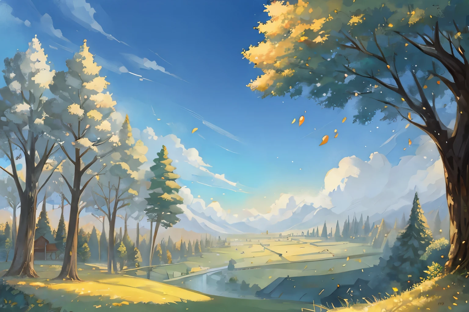 a white deer,Green pupils,antlers,Lovely shota,grassland,Idyllic village,vast sky,Giant trees,Falling leaves,flowing robe