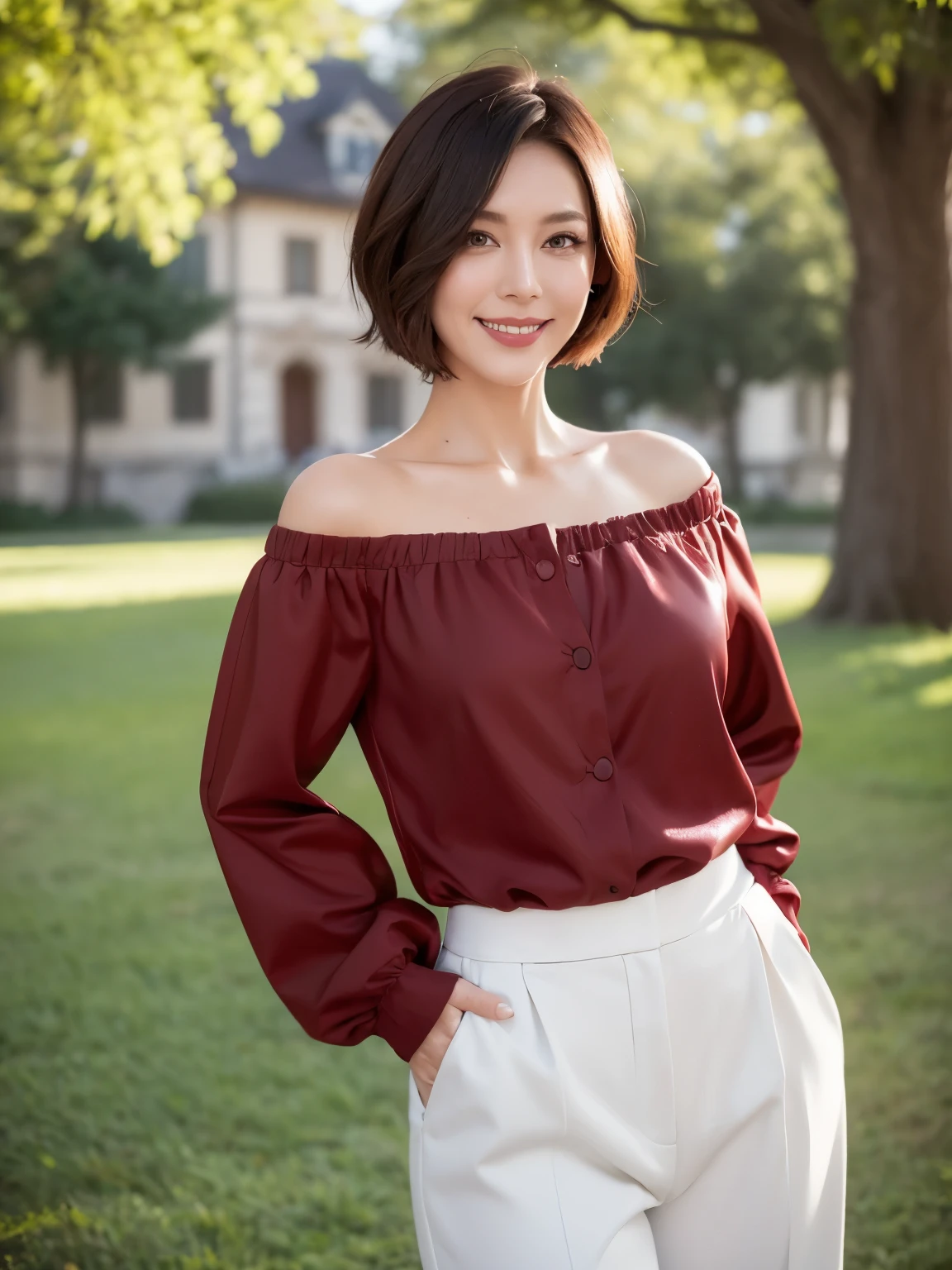 (38 years old), (black wool jacket),(white wool pants)、(white ruffle blouse), double eyelid, eyelash, Red lip gloss, (smile:1), ((close your eyes:0.85)), (looking at the viewer、Are standing), (From above:0.2)、尖ったred mouth、(reddish brown wet shiny short hair),red mouth,clavicle、 (Photoreal:1.3),(RAW photo),(woman standing in front of an old castle, Beautiful lawn, squirt, Bright sunshine in the city of Modena, Italy) , 8k, Super detailed, highest quality, rough skin, anatomically correct, masterpiece , highest quality, cinematic lighting, Use perspective throughout , surrealism , ,(realistic:1. 3),(RAW photo) , black hair, light smile, short hair, bob cut, anaglyph, stereogram, (mature woman:1), (38 years old), ((close:0.5)), glare, double eyelids, lip gloss, (smile:1), ((close your eyes:0.85)), red mouth, clavicle, ((looking at the viewer)), (short hair of reddish-brown color wet and shiny,), (I can see the whole body) , Slightly thick body type , wide eyed , perfectly round eyes , fine texture