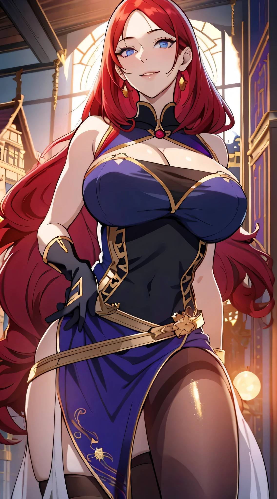 Lian, red hair, hair stick, bangs, blue eyes, solo, smiling, standing, upper body, hips, bare shoulders,purple thighhighs, black dress, gold jewelry,armor,gloves,circlet, cleavage, red and gold royal castle, gigantic breasts, (best quality, masterpiece, beautiful and aesthetic:1.2, highest detailed face, perfect face,) eyes, perfect face,expressive eyes,
looking at viewer, in the center of the image,(Upper_body),(Focus on her face),
official art,extremely detailed CG unity 8k wallpaper, perfect lighting,Colorful, Bright_Front_face_Lighting,shiny skin,
(masterpiece:1.0),(best_quality:1.0), ultra high res,4K,ultra-detailed