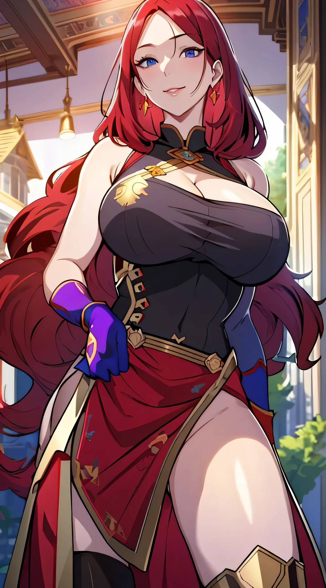 Lian, red hair, hair stick, bangs, blue eyes, solo, smiling, standing, upper body, hips, bare shoulders,purple thighhighs, black dress, gold jewelry,armor,gloves,circlet, cleavage, red and gold royal castle, gigantic breasts, (best quality, masterpiece, beautiful and aesthetic:1.2, highest detailed face, perfect face,) eyes, perfect face,expressive eyes,
looking at viewer, in the center of the image,(Upper_body),(Focus on her face),
official art,extremely detailed CG unity 8k wallpaper, perfect lighting,Colorful, Bright_Front_face_Lighting,shiny skin,
(masterpiece:1.0),(best_quality:1.0), ultra high res,4K,ultra-detailed