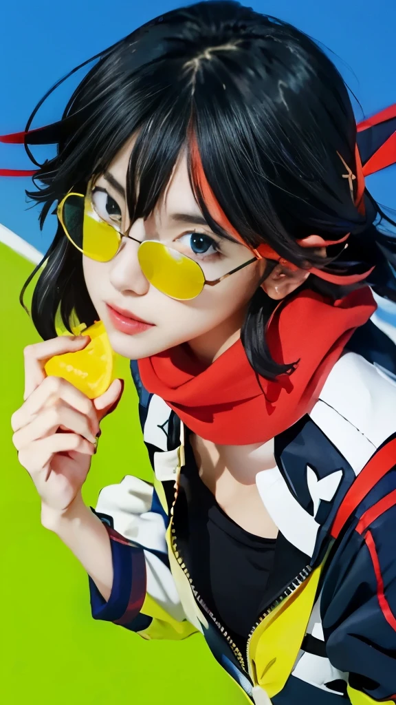 anime girl with black hair and yellow glasses holding a pink object, ryuko matoi, attractive matoi ryuko, 2 d anime style, kill la kill illustration, anime style”, kill la kill, 2 d anime, high quality anime artstyle, anime visual style, rin, otaku gangasta, anime style only, by Shinoda Toko, 2d art