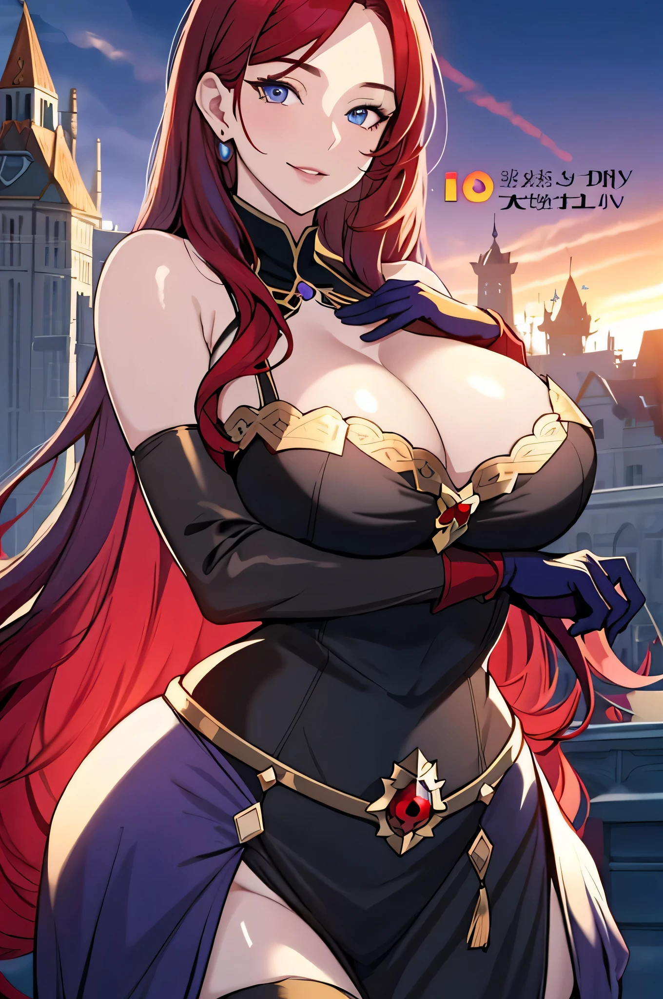 Lian, red hair, hair stick, bangs, blue eyes, solo, smiling, standing, upper body, hips, bare shoulders,purple thighhighs, black dress, gold jewelry,armor,gloves,circlet, cleavage, red and gold royal castle, gigantic breasts, (best quality, masterpiece, beautiful and aesthetic:1.2, highest detailed face, perfect face,)  eyes, perfect face,expressive eyes,
looking at viewer, in the center of the image,(Upper_body),(Focus on her face),
official art,extremely detailed CG unity 8k wallpaper, perfect lighting,Colorful, Bright_Front_face_Lighting,shiny skin, 
(masterpiece:1.0),(best_quality:1.0), ultra high res,4K,ultra-detailed
