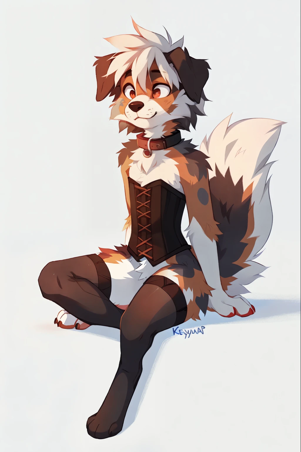No background, white background, ((by keihound, by reysi)), by Zackary911, by hyattlen, by fumiko, by fluff-kevlar, Furry, Anthro, ((Australian Shepard)), ((loose collar)), ((boy)), ((small)), dynamic pose, sitting, short white hair, ((fluffy tail)), ((corset, stockings)),