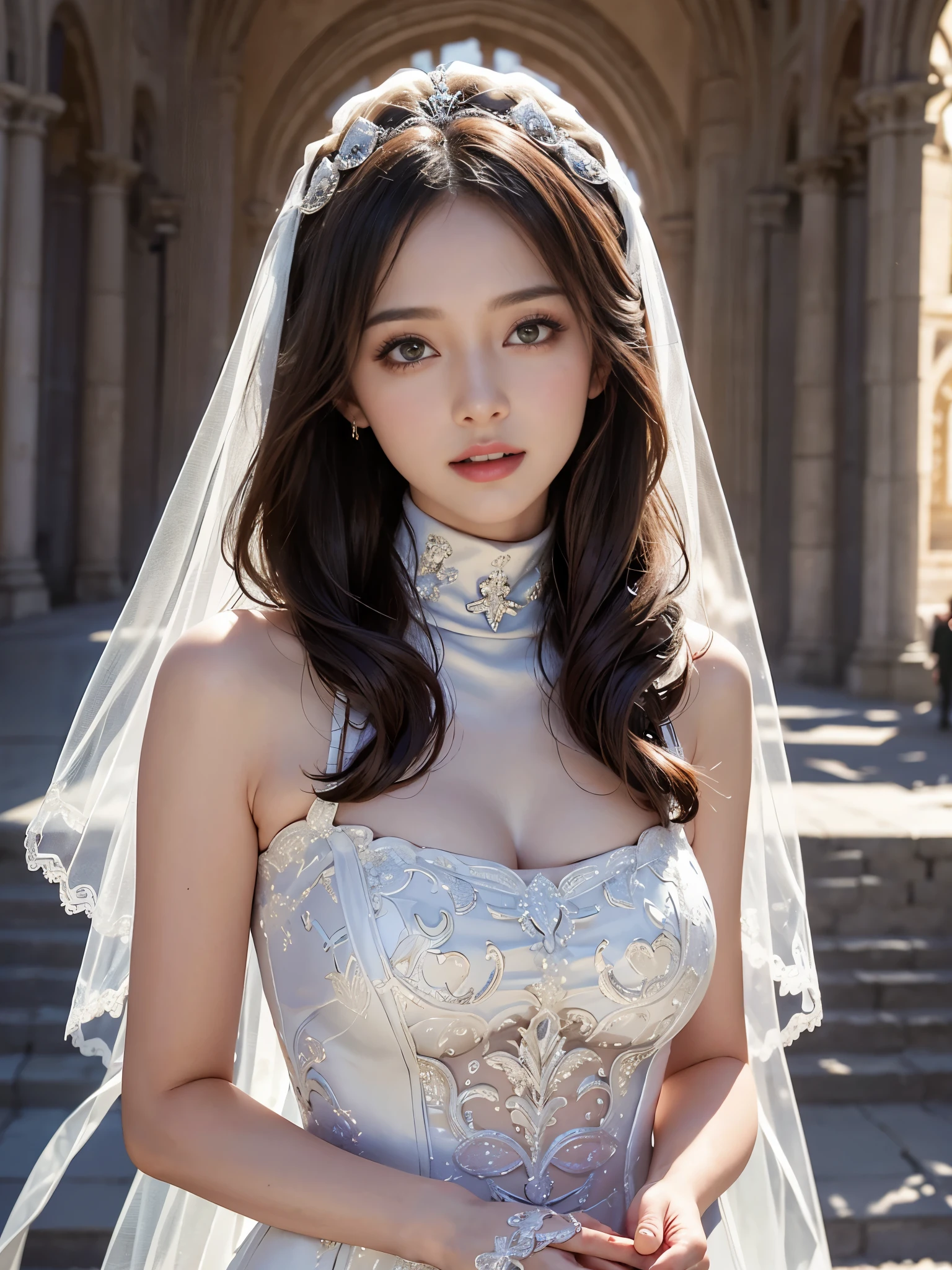 Angelic Very beautiful cute girl,
15 yo,
Beautiful detailed eyes,
Detailed double eyelids,
(Large eyes:1.4),
Long straight brown hair,
see-through bangs,
Sharp Focus,
small straight nose,
beautiful detailed face and eyes,
drooping eyes,
(Soft Saturation: 1.3),
(Fair skin: 1.2),
BREAK (hyper gorgeous and very beautiful shiny metallic silver wedding dress :1.5),(designer brand wacky beautiful dress:1.3),
Costume lighting,(body shot:1.2),standing ,church ,very beautiful stained glass window ,
Costume lighting,(clear-eyed:1.3)
