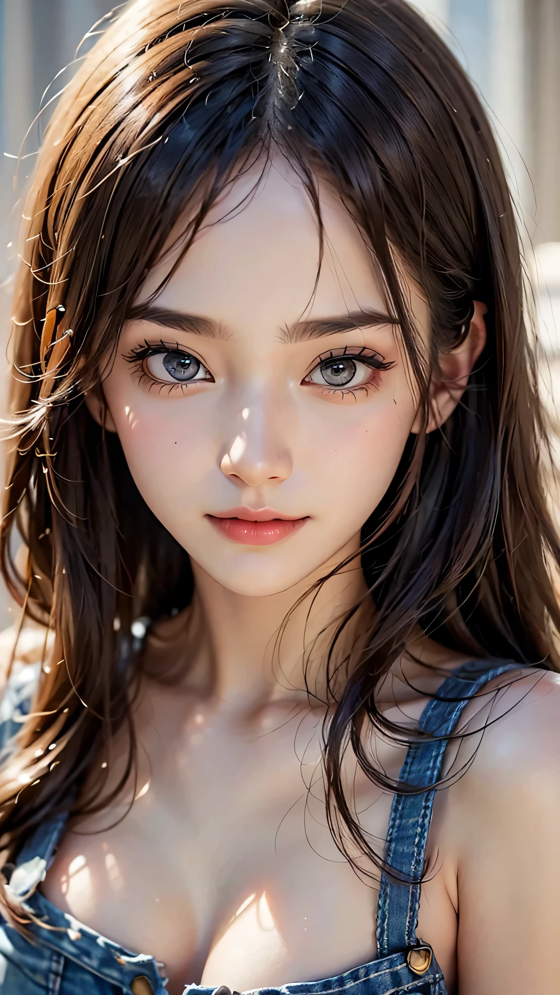 (Close-up:1.4)、(RAW photo:1.2)、(photorealistic:1.4)、(masterpiece:1.3)、(highest quality:1.4)、solo、(beautiful detailed eyes)、(charming big eyes)、(beautiful double eyelids)、(beautiful and detailed face)、natural makeup、long eyelashes、(gentle smile:1.2)、Transparent skin、(shiny skin)、(slender and beautiful girl)、(cute face)、(cute:1.2)、(gentle smile:1.2)、(beautiful breastedium breasts:1.3)、small face beauty、golden ratio、white crop top、jeans shorts、underboob、