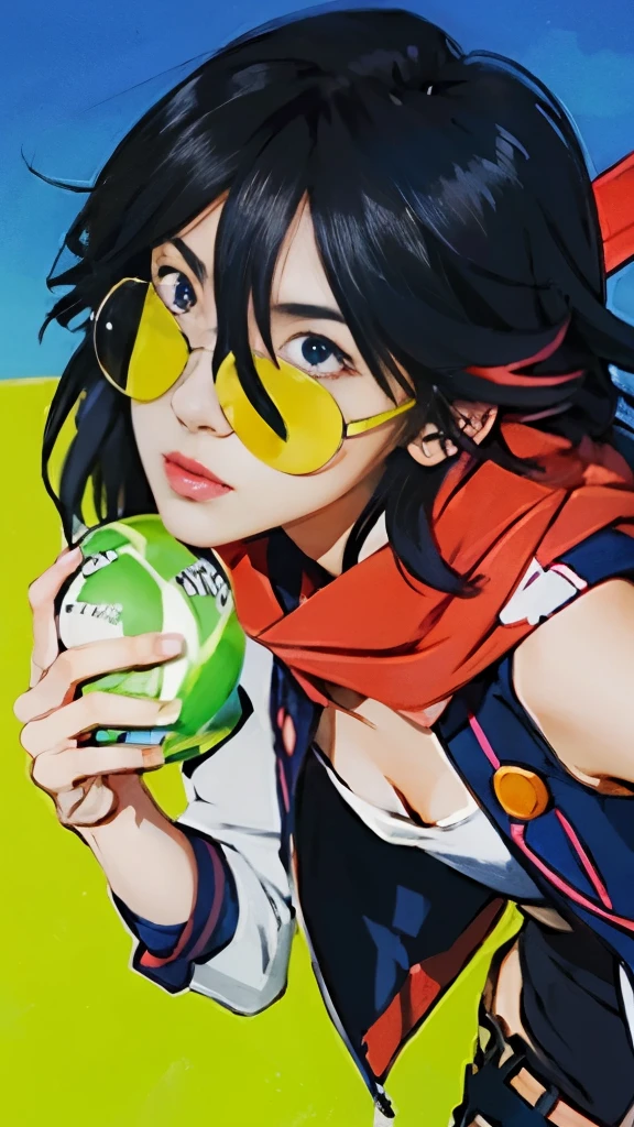 anime girl with black hair and yellow glasses holding a pink object, ryuko matoi, attractive matoi ryuko, 2 d anime style, kill la kill illustration, anime style”, kill la kill, 2 d anime, high quality anime artstyle, anime visual style, rin, otaku gangasta, anime style only, by Shinoda Toko, 2d art