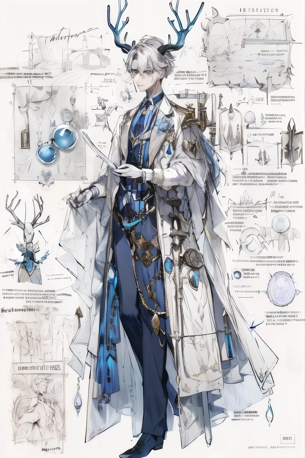 arafed image of a man in a costume with a deer antlers, skinny male fantasy scientist, delicate androgynous prince, highly detailed exquisite fanart, thin young male alchemist, ( ( character concept art ) ), beautiful androgynous prince, detailed anime character art, interesting character design, anime character design, steampunk aesthetic, great character design, costume with blue accents