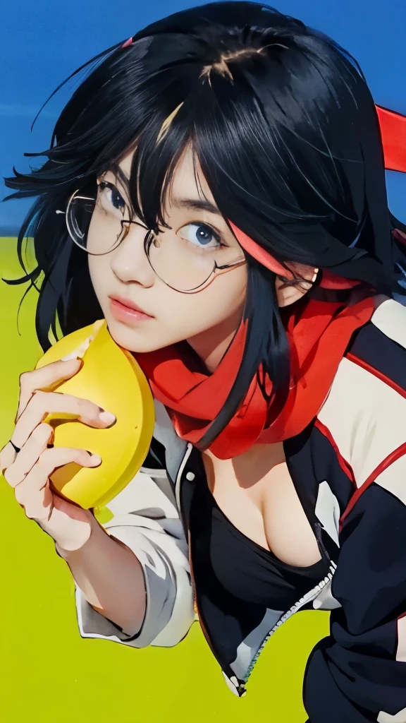 anime girl with black hair and yellow glasses holding a pink object, ryuko matoi, attractive matoi ryuko, 2 d anime style, kill la kill illustration, anime style”, kill la kill, 2 d anime, high quality anime artstyle, anime visual style, rin, otaku gangasta, anime style only, by Shinoda Toko, 2d art