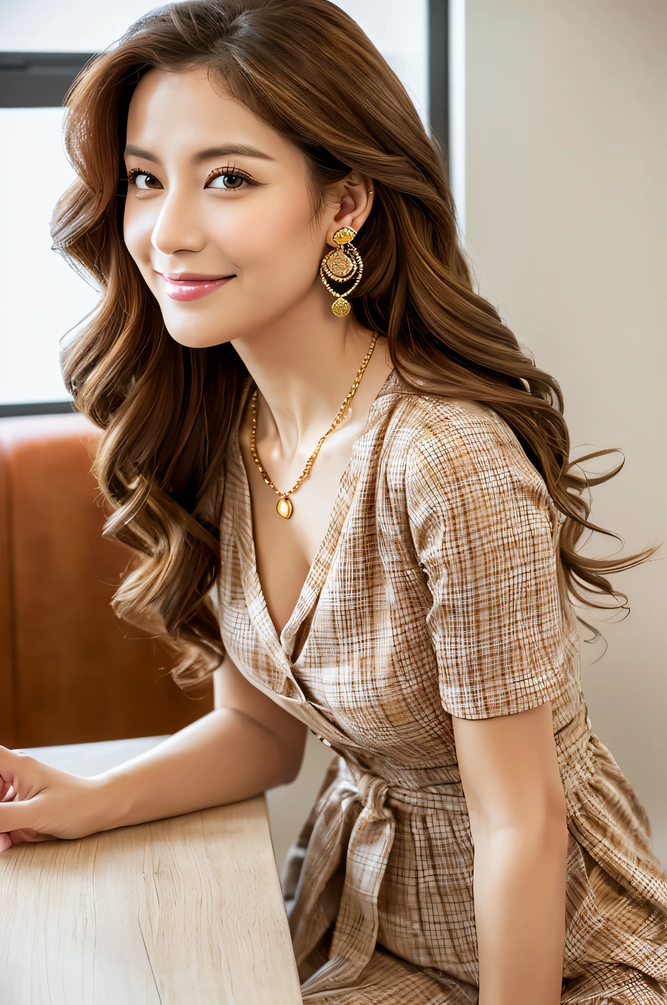 (Raw photo:1.2), (Photorealsitic), Beautiful detailed, (Real: 1.4), ighly detailedな目と顔, beatiful detailed eyes, Standing in the office、(Ultra-realistic pantyhose、high-heels)、huge filesize, hight resolution, ighly detailed, top-quality, [​masterpiece:1.6], illustratio, ighly detailed, nffsw, finely detail, top-quality, 8k wallpaper, 1 milf, 43 yeas old, perfect body type, Cute sagging eyes,Beautiful big eyes、Pieckfinger, ((masutepiece)), Best Quality, 1 milf, eye shadow, Portrait, ((FULL BODYSHOT:1.4))、(Very affectionate smile:1.2)、((Brown-colored super long hair:1.2))((Loose and wavy hair:1.3))((Gold Necklace＿large earring:1.3))Pleated skirt with many checked folds、Flashy orange and white printed dress,