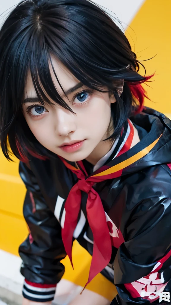 anime girl with black hair and blue eyes in a black jacket, ryuko matoi, attractive matoi ryuko, 2 d anime style, anime style”, yandere, anime moe artstyle, kill la kill illustration, anime artstyle, anime styled, otaku gangasta, flat anime style, [[[[grinning evily]]]], anime boy