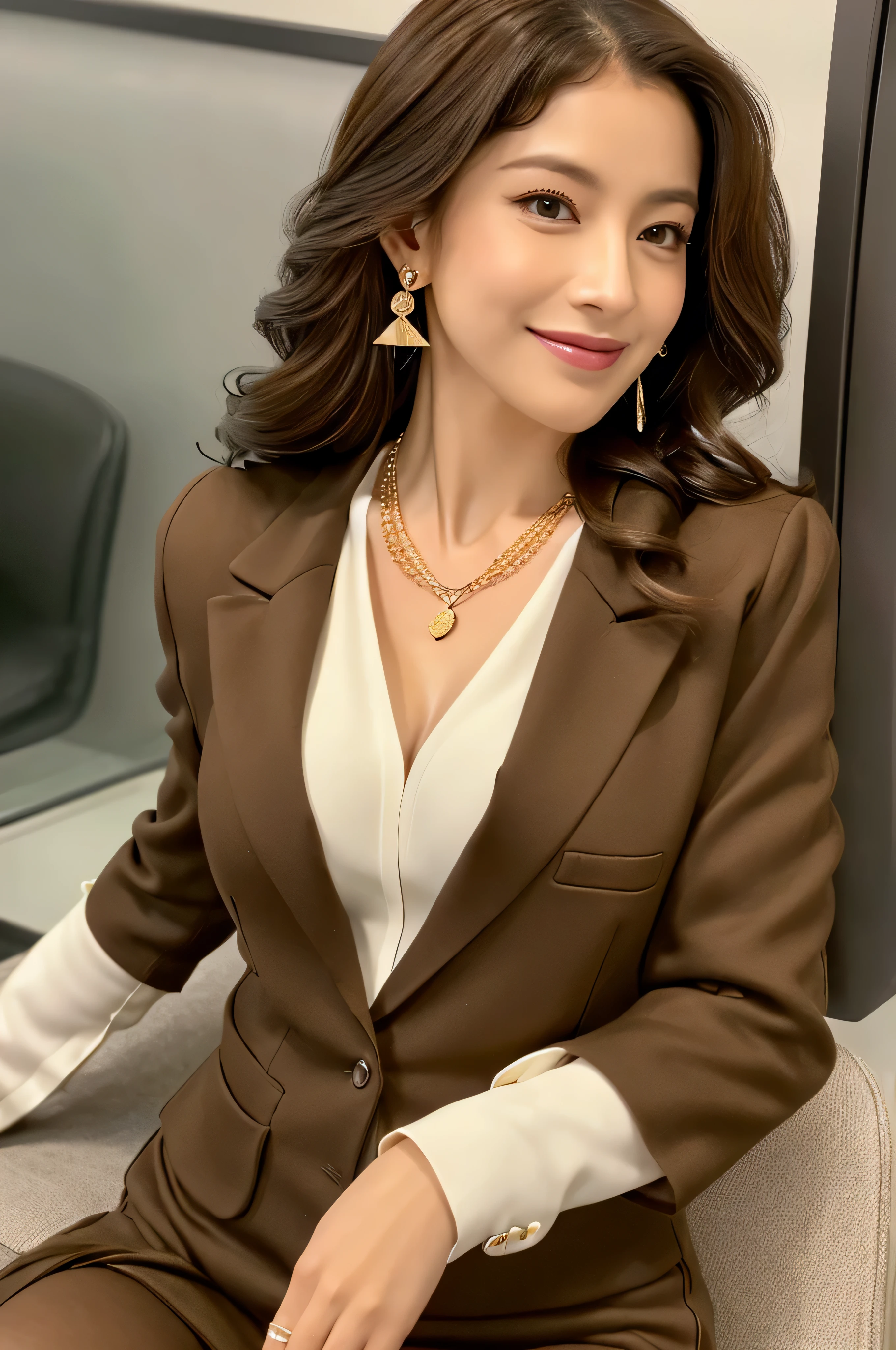 (Raw photo:1.2), (Photorealsitic), Beautiful detailed, (Real: 1.4), ighly detailedな目と顔, beatiful detailed eyes, Standing in the office、(Ultra-realistic pantyhose、high-heels)、huge filesize, hight resolution, ighly detailed, top-quality, [​masterpiece:1.6], illustratio, ighly detailed, nffsw, finely detail, top-quality, 8k wallpaper, 1 milf, 43 yeas old, perfect body type, Cute sagging eyes,Beautiful big eyes、Pieckfinger, ((masutepiece)), Best Quality, 1 milf, eye shadow, Portrait, ((FULL BODYSHOT:1.4))、(Very affectionate smile:1.2)、((Brown-colored super long hair:1.2))((Loose and wavy hair:1.3))((Gold Necklace＿large earring:1.3))(tailored_Blazer_dress:1.5),(pointed_mule:1.4),(Wear an open white shirt,) 