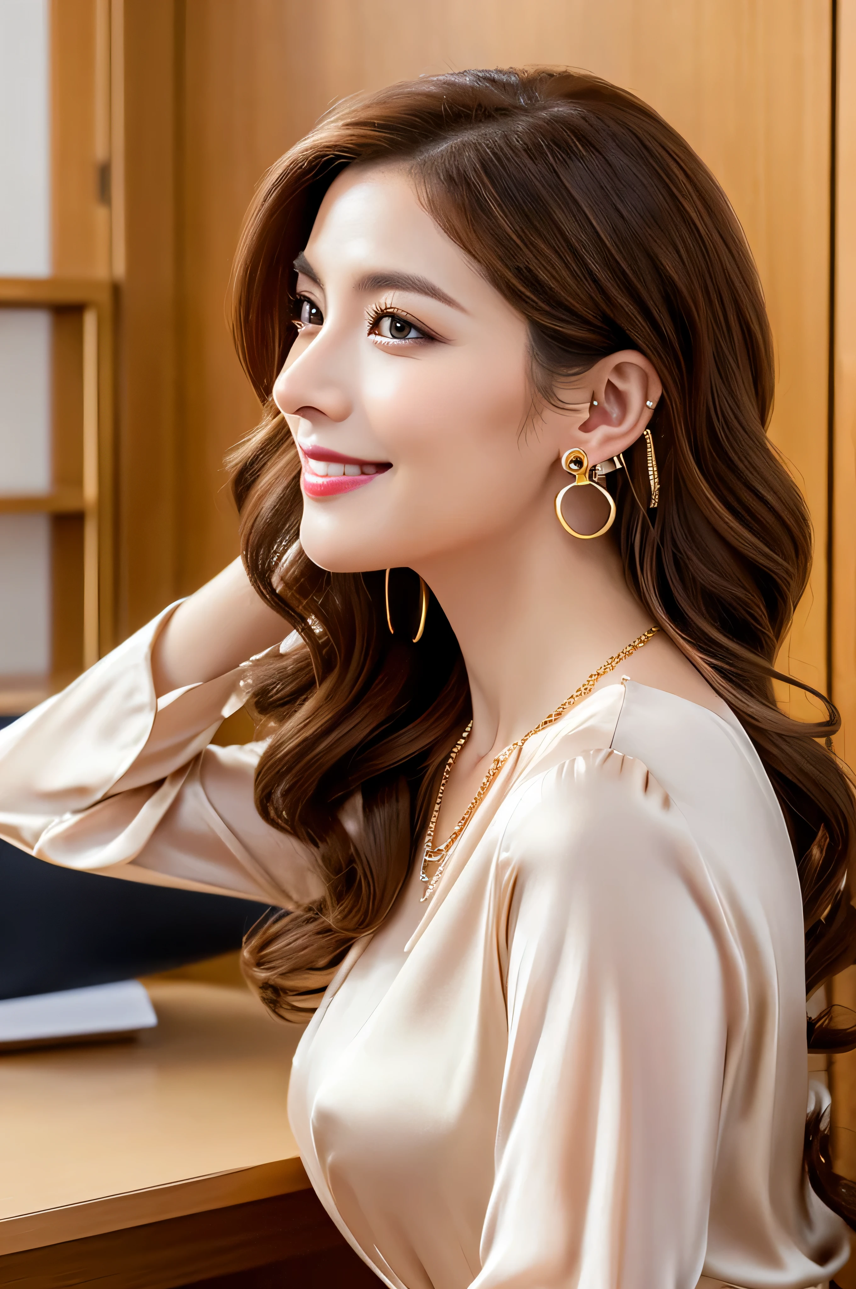 (Raw photo:1.2), (Photorealsitic), Beautiful detailed, (Real: 1.4), ighly detailedな目と顔, beatiful detailed eyes, Standing in the office、(Ultra-realistic pantyhose、high-heels)、huge filesize, hight resolution, ighly detailed, top-quality, [​masterpiece:1.6], illustratio, ighly detailed, nffsw, finely detail, top-quality, 8k wallpaper, 1 milf, 43 yeas old, perfect body type, Cute sagging eyes,Beautiful big eyes、Pieckfinger, ((masutepiece)), Best Quality, 1 milf, eye shadow, Portrait, ((FULL BODYSHOT:1.4))、(Very affectionate smile:1.2)、((Brown-colored super long hair:1.2))((Loose and wavy hair:1.3))((Gold Necklace＿large earring:1.3))Bewitching beautiful mature elite secretary in luxurious silk blouse、Wearing a satin blouse, ultra-thin fabric、smooth、See-through fabric、
