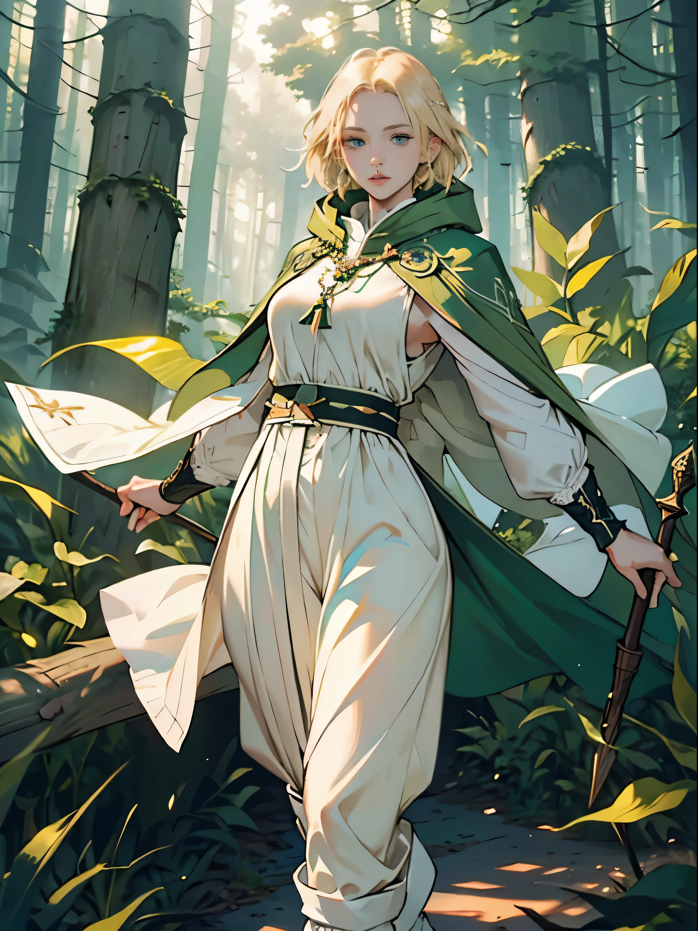 masterpiece, super detailed, 8K portrait, RAW photo, portrait photography, highly detailed face, beautiful and detailed eyes, ((fantasy)), young and beautiful, dynamic pose, (((short straight blonde hair))), ((priest)), white skin color, frugal girl, Wooden Necklace, (((cloudy green priest cloak))) fluttering in the wind, (((white tunic))), (((cropped pants)), (((Low boots))), ((holding a long wooden cane)), midday sun, surreal, body model, big breasts, beautiful breasts, long legs, ambient lighting in the forest, shadow details , Focus the camera on the thigh, strong wind, light fog