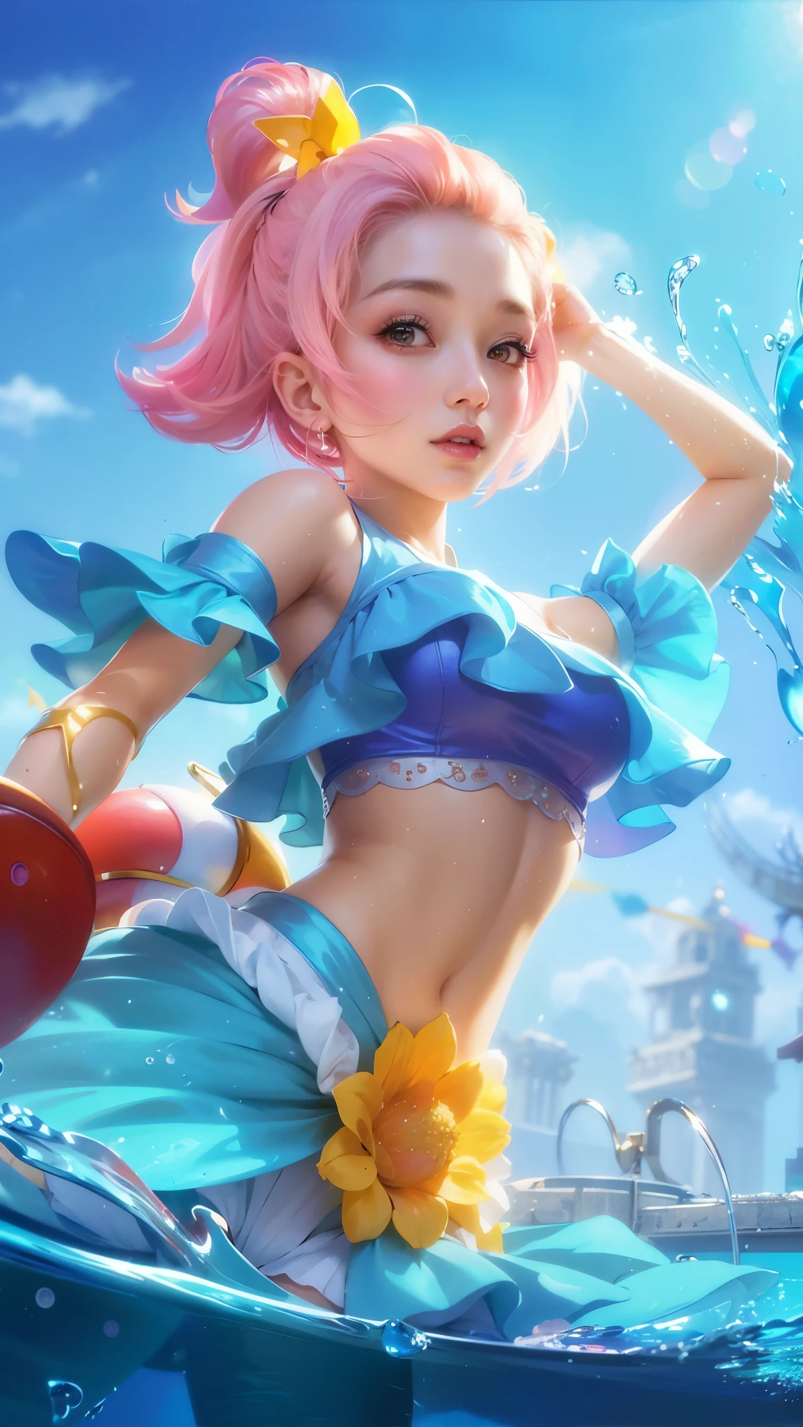 (8k, RAW photo, photorealistic:1.25) ,( lipgloss, eyelashes, gloss-face, glossy skin, best quality, ultra highres, depth of field, chromatic aberration, caustics, Broad lighting, natural shading, looking at viewer with a serene and goddess-like happiness, anime girl in a bikini top and skirt riding a wave, splash art anime , extremely detailed artgerm, cushart krenz key art feminine, ig model | artgerm, style artgerm, ! dream artgerm, artgerm on artstation pixiv, official splash art, artgerm lau, orianna, smile.