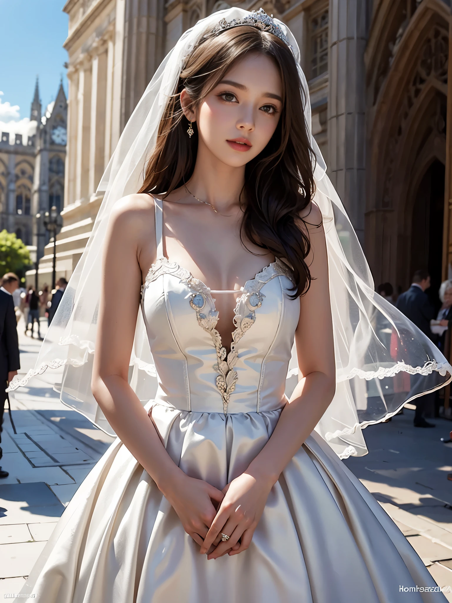 best quality, masterpiece, only 1 girl, huge laugh, sweet, Very pretty, nice face, detailed eyes, shiny lips, medium chest, sun glare, Conservative attire, bell line wedding dress, bridal veil, depth of field, blurred background, Cathedral Background, light particles, strong wind, head tilt, long hair