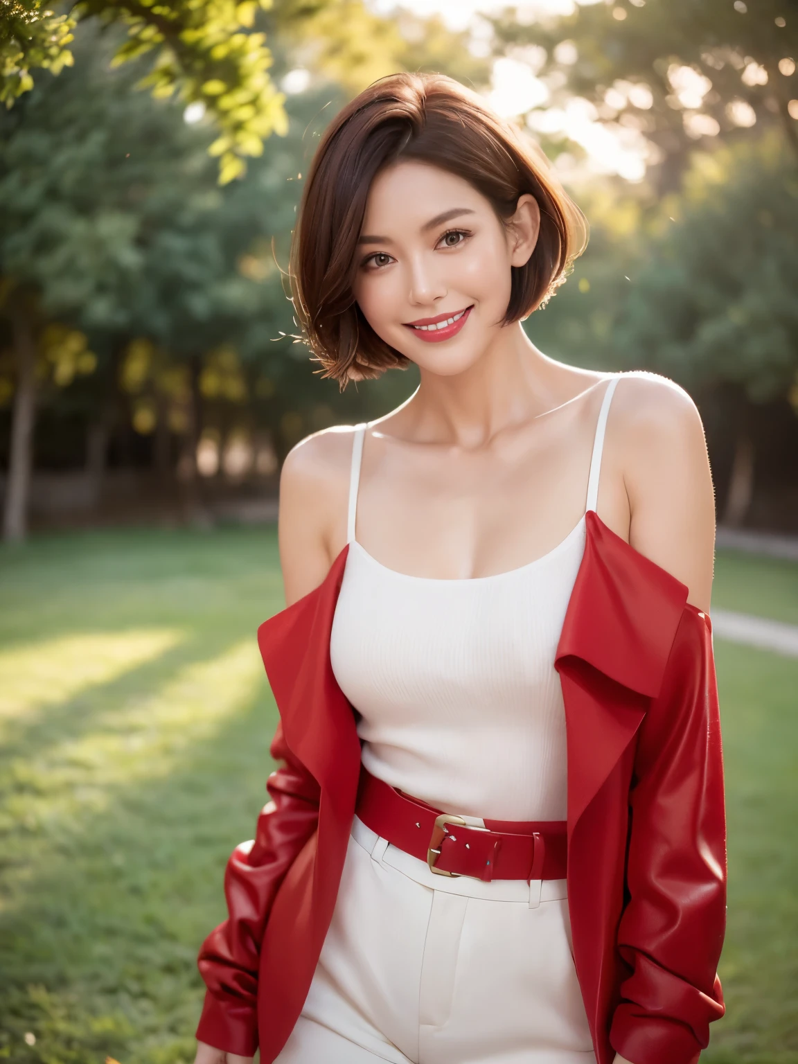（34 years old), （red wool jacket、exposed shoulders）,（white wool pants）、（white ruffle blouse）, double eyelid, eyelash, Red lip gloss, (smile:1), ((close your eyes:0.85)), (looking at the viewer、Are standing), (From above:0.2)、尖ったred mouth、(reddish brown wet shiny short hair),red mouth,clavicle、 (Photoreal:1.3),(RAW photo）,(woman standing in front of an old castle, Beautiful lawn, squirt, Bright sunshine in the city of Modena, Italy) , 8k, Super detailed, highest quality, rough skin, anatomically correct, masterpiece , highest quality, cinematic lighting, Use perspective throughout , surrealism , ,(realistic:1. 3),(RAW photo) , black hair, light smile, short hair, bob cut, anaglyph, stereogram, (mature woman:1), (38 years old), ((close:0.5)), glare, double eyelids, lip gloss, (smile:1), ((close your eyes:0.85)), red mouth, clavicle, ((looking at the viewer)), (short hair of reddish-brown color wet and shiny,), (I can see the whole body) , Slightly thick body type , wide eyed , perfectly round eyes , fine texture