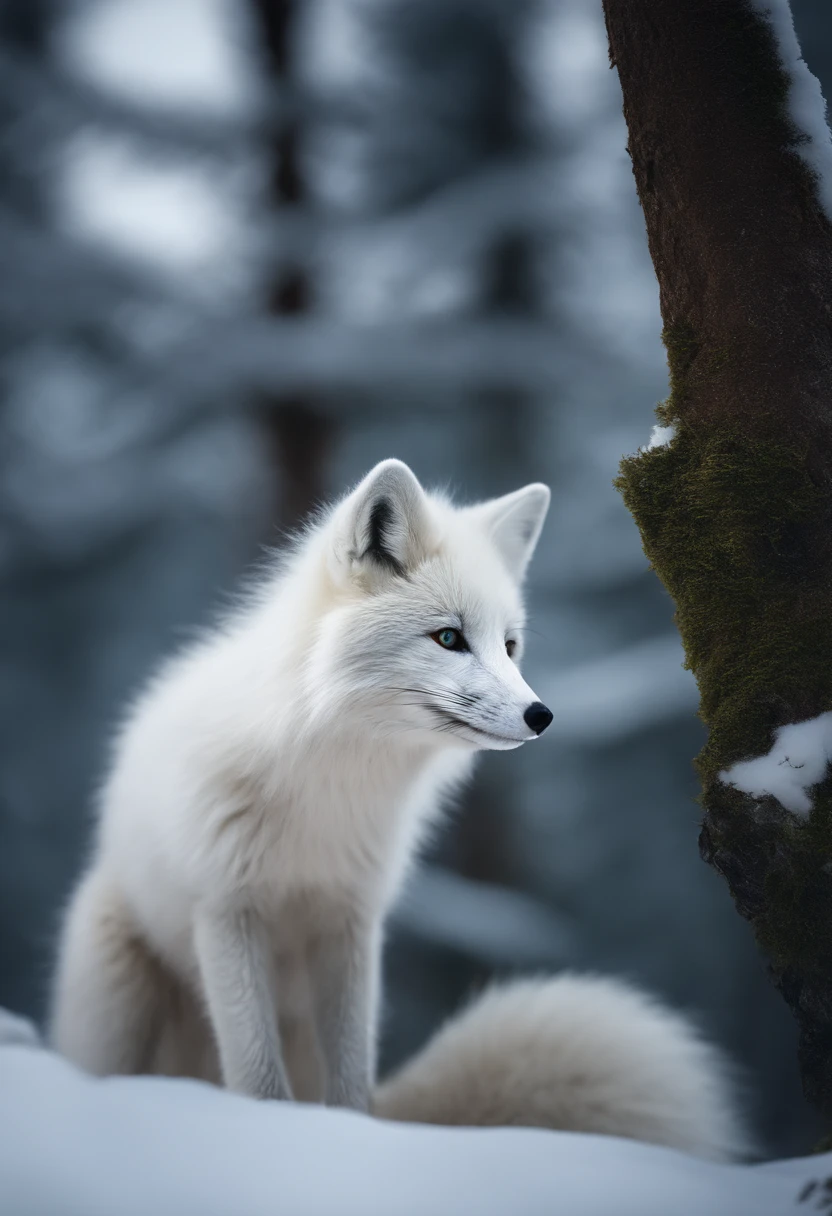 arctic fox/Arctic fox.best quality,4k,8k,high resolution,masterpiece:1.2,Super detailed,actual:1.37,flashing lights,Deep in the arctic forest,magical atmosphere,Charming snow mountain forest scenery,Loneliness in the deep forest,luminescent,aurora,Render a fantasy world where magic is cast like magic,ethereal atmosphere.Snow covered deep forest.White arctic fox close-up