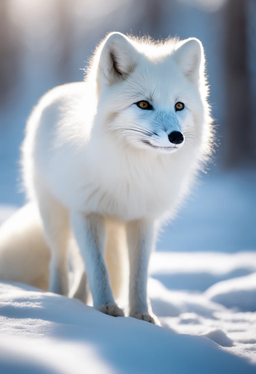 arctic fox/Arctic fox.best quality,4k,8k,high resolution,masterpiece:1.2,Super detailed,actual:1.37,flashing lights,Deep in the arctic forest,magical atmosphere,Charming snow mountain forest scenery,Loneliness in the deep forest,luminescent,aurora,Render a fantasy world where magic is cast like magic,ethereal atmosphere.Snow covered deep forest.White arctic fox close-up