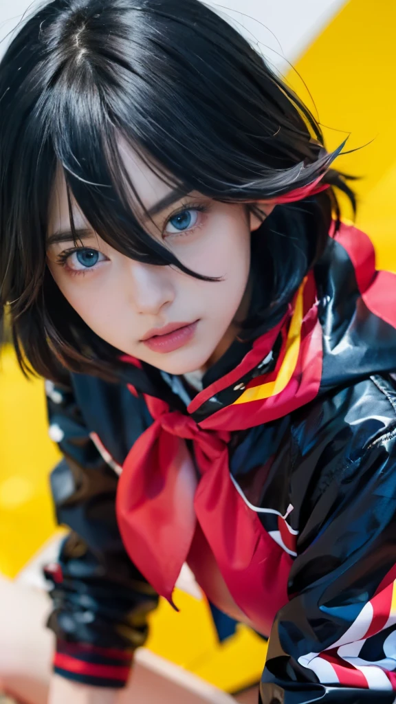 anime girl with black hair and blue eyes in a black jacket, ryuko matoi, attractive matoi ryuko, 2 d anime style, anime style”, yandere, anime moe artstyle, kill la kill illustration, anime artstyle, anime styled, otaku gangasta, flat anime style, [[[[grinning evily]]]], anime boy